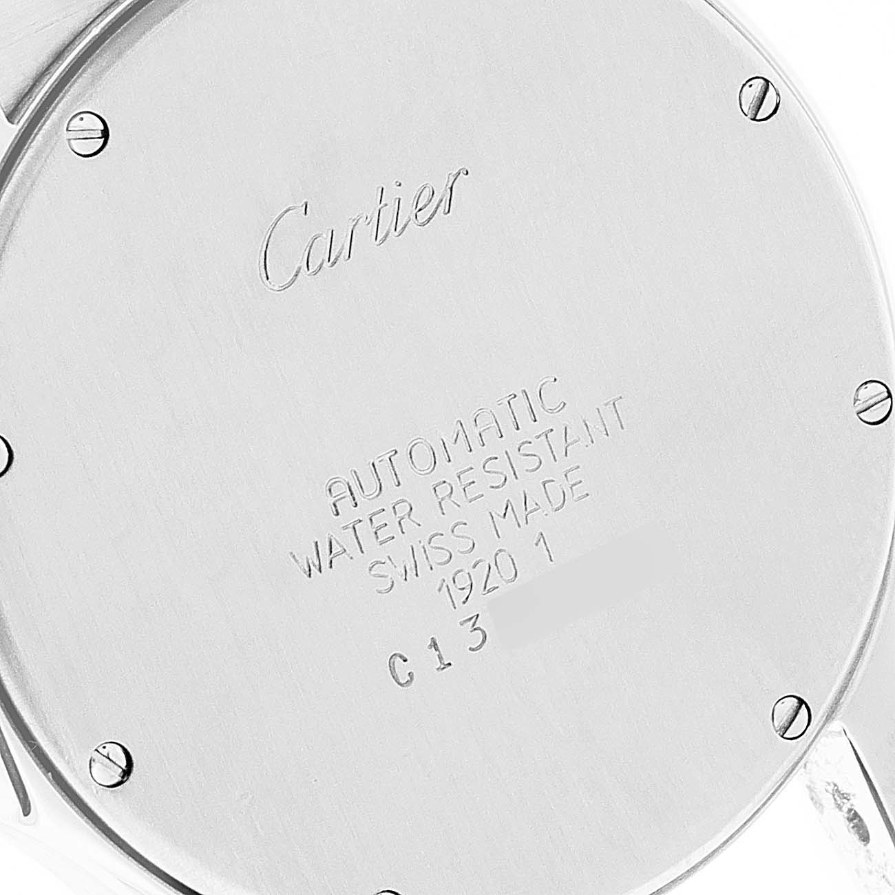 The image shows the back case of a Cartier Santos 1920 Men's Stainless Steel White Dial 1920 Men's Stainless Steel White Dial watch, displaying the brand and model details.