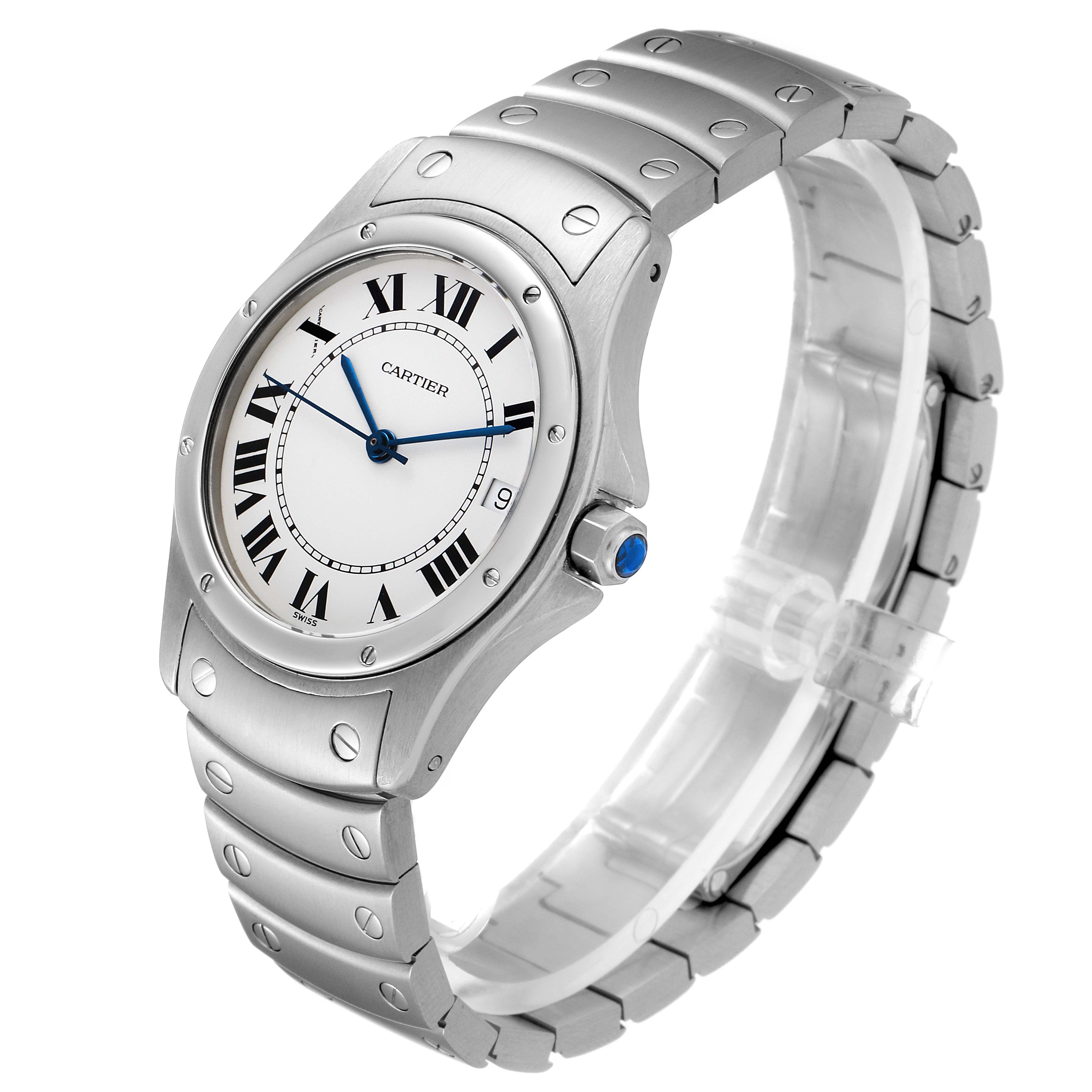 The image shows a Cartier Santos 1920 Men's Stainless Steel White Dial 1920 Men's Stainless Steel White Dial watch from an oblique angle, highlighting the dial, bracelet, and crown.