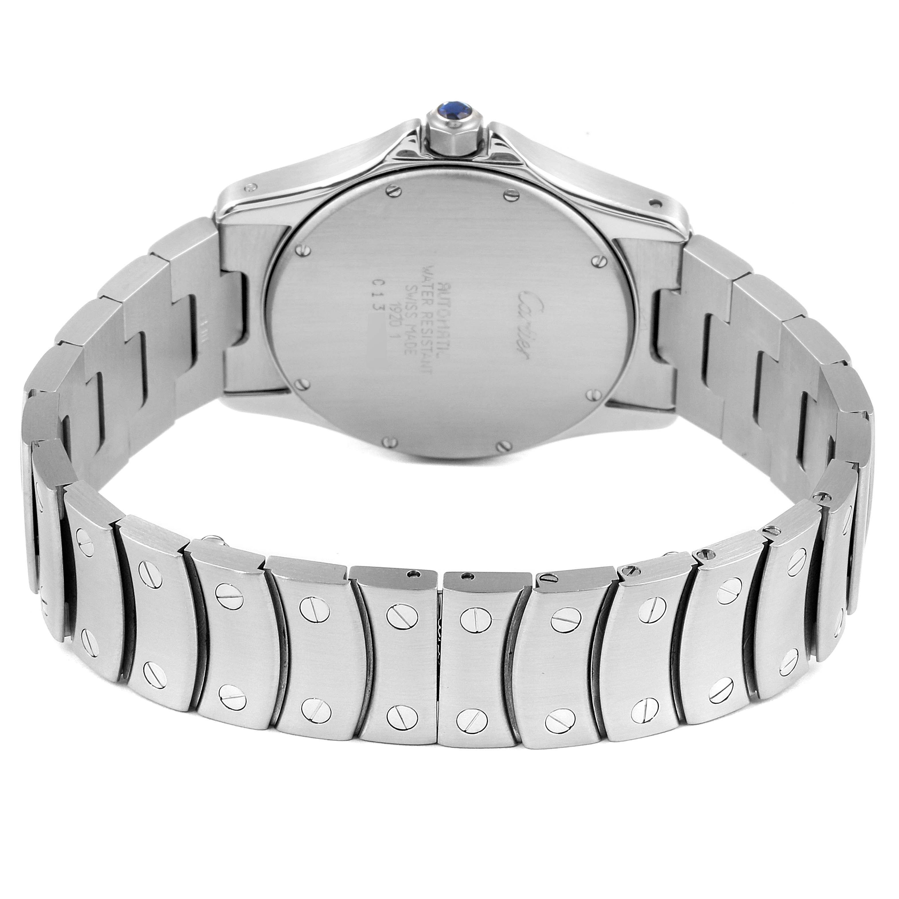 This image shows the back and part of the bracelet of a Santos by Cartier watch from a rear angle.