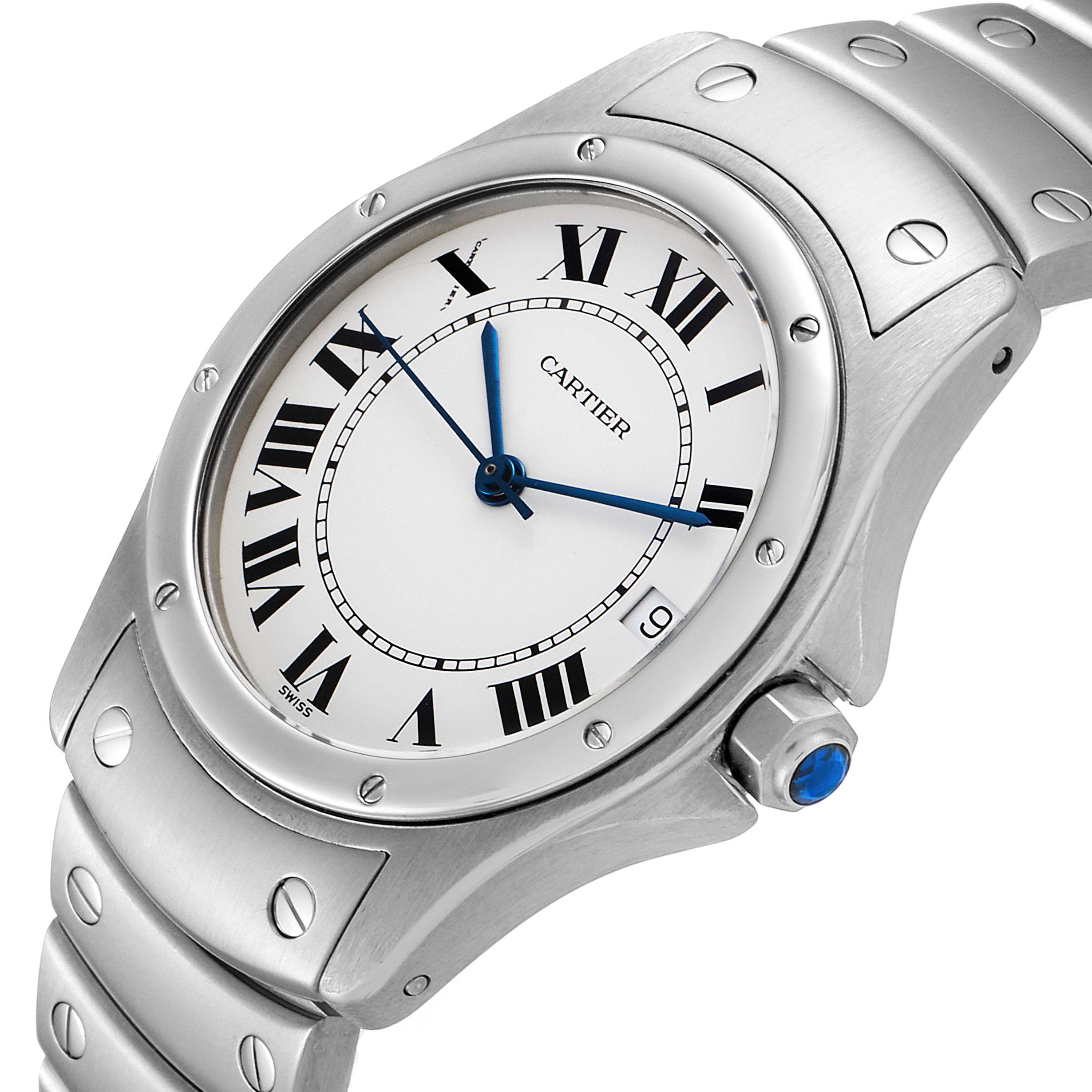 This image shows a close-up angle of the Cartier Santos 1920 Men's Stainless Steel White Dial 1920 Men's Stainless Steel White Dial model, highlighting the face, bezel, and part of the bracelet.