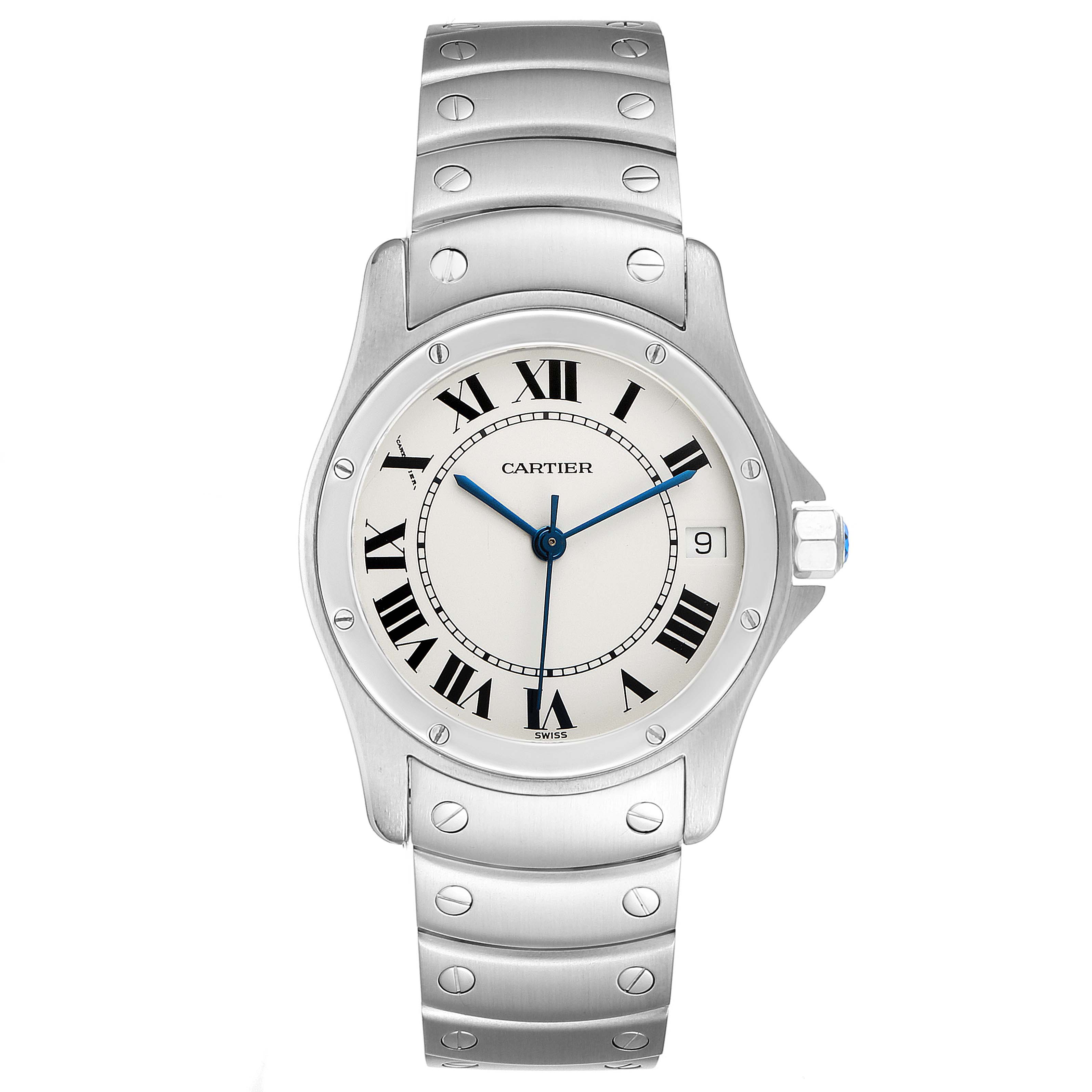 The Cartier Santos 1920 Men's Stainless Steel White Dial 1920 Men's Stainless Steel White Dial watch is shown from a top-down angle, displaying its face, bezel, and bracelet.