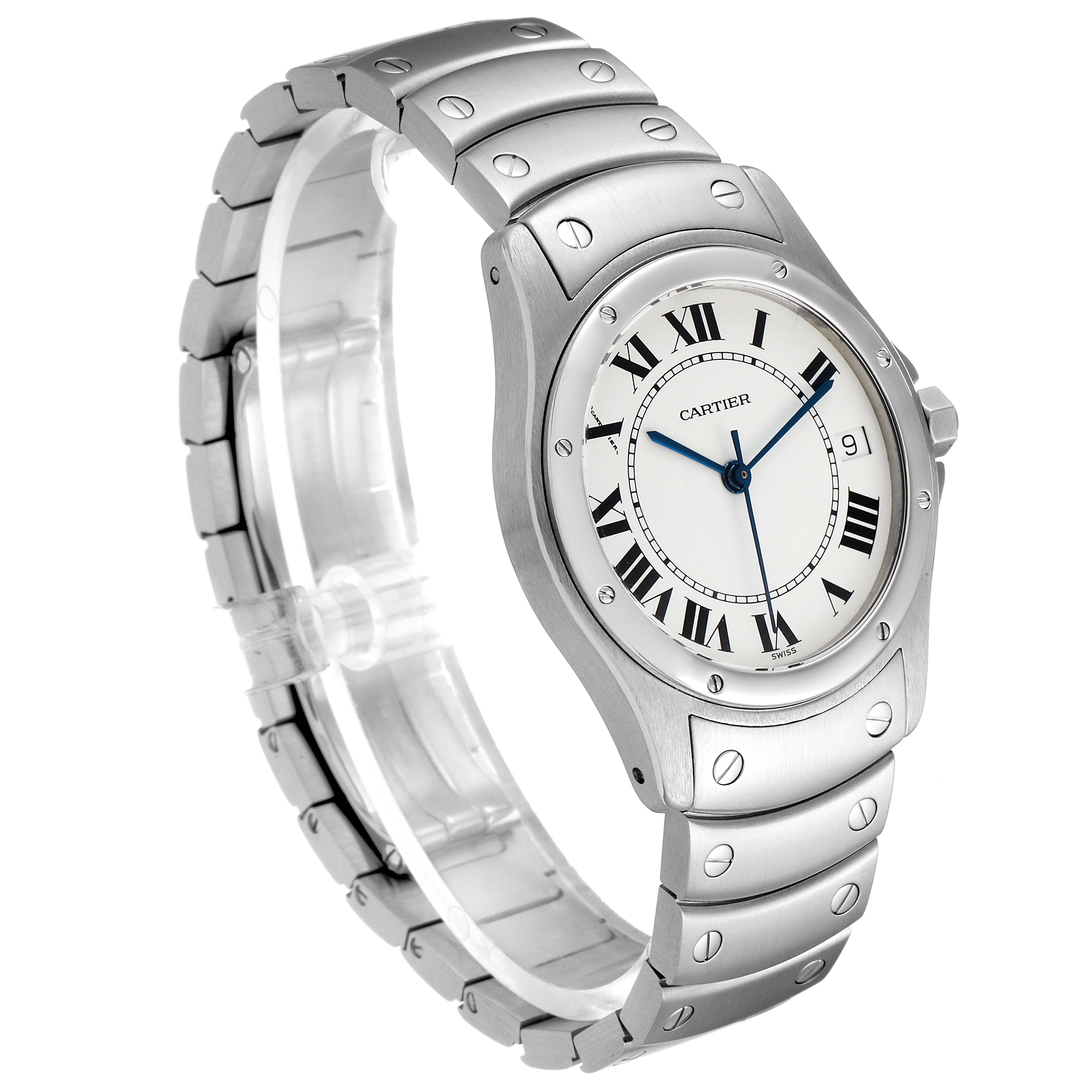 The Cartier Santos 1920 Men's Stainless Steel White Dial 1920 Men's Stainless Steel White Dial watch is shown from a slightly angled front view, displaying the face, bezel, case, and part of the bracelet.
