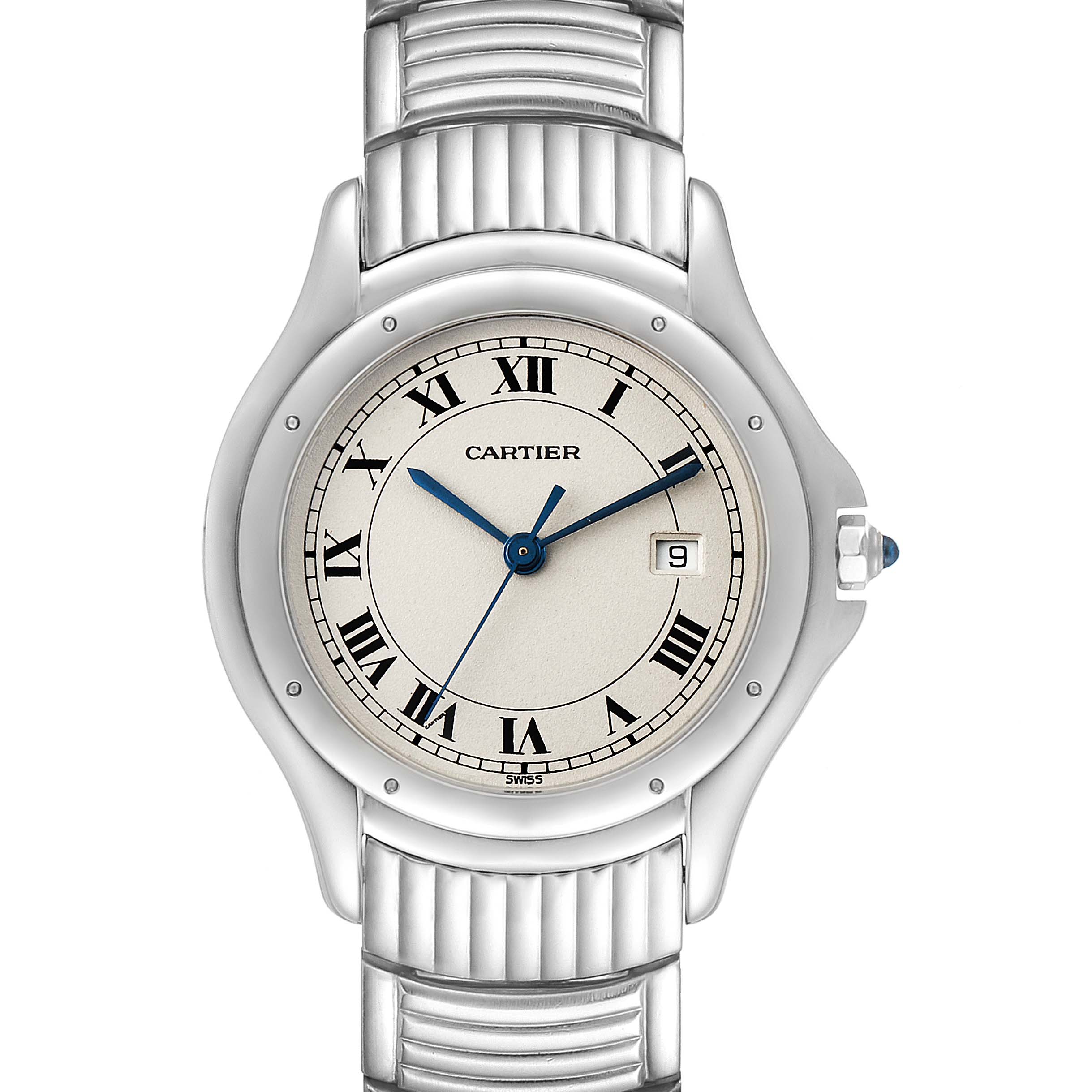 The Santos model by Cartier is shown from a straight-on angle, revealing its watch face, bracelet, and date window.