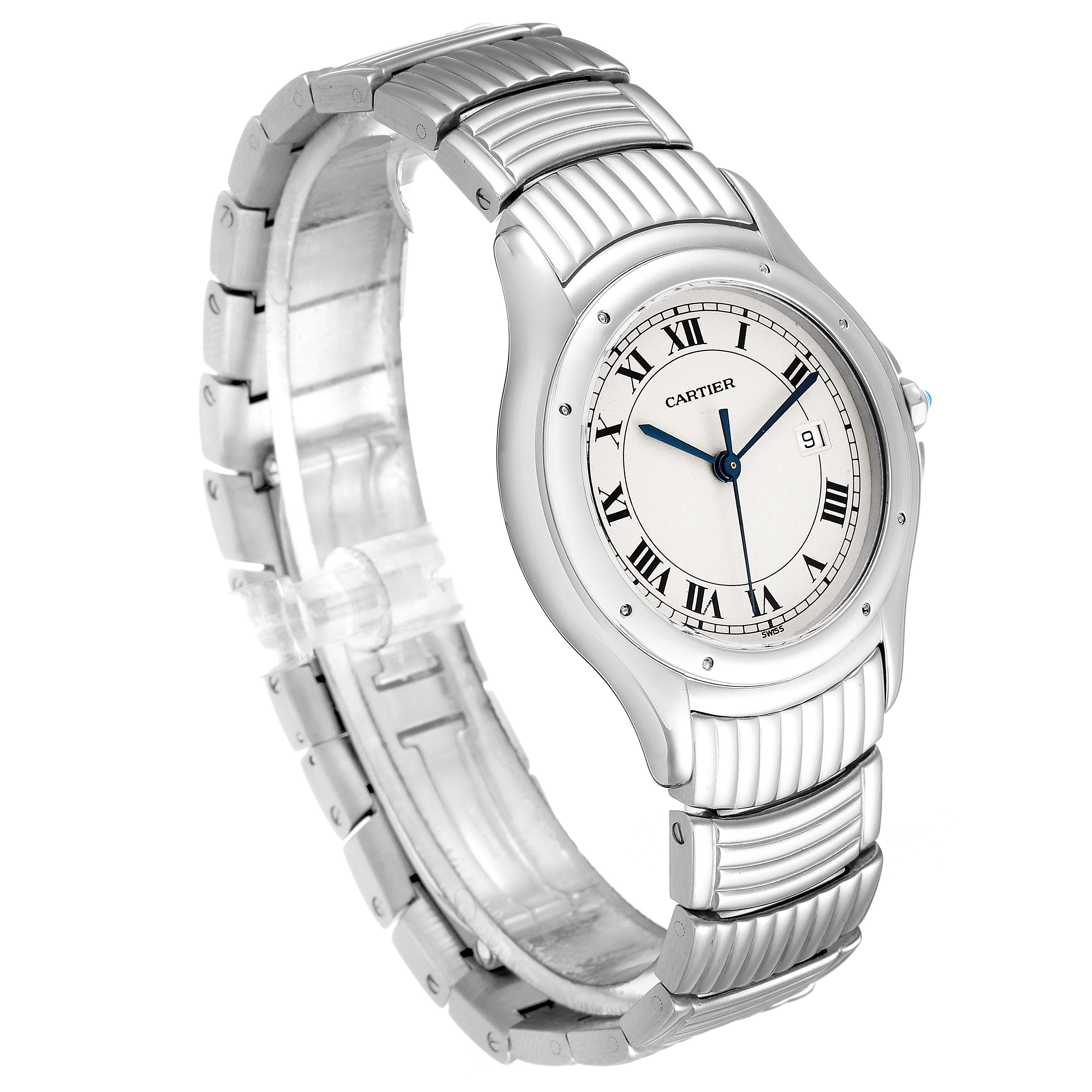 The image shows a three-quarter view of the Cartier Santos W20027K1 Men
s Stainless Steel Silver Dial W20027K1 Men
s Stainless Steel Silver Dial watch, highlighting the face and metal bracelet.