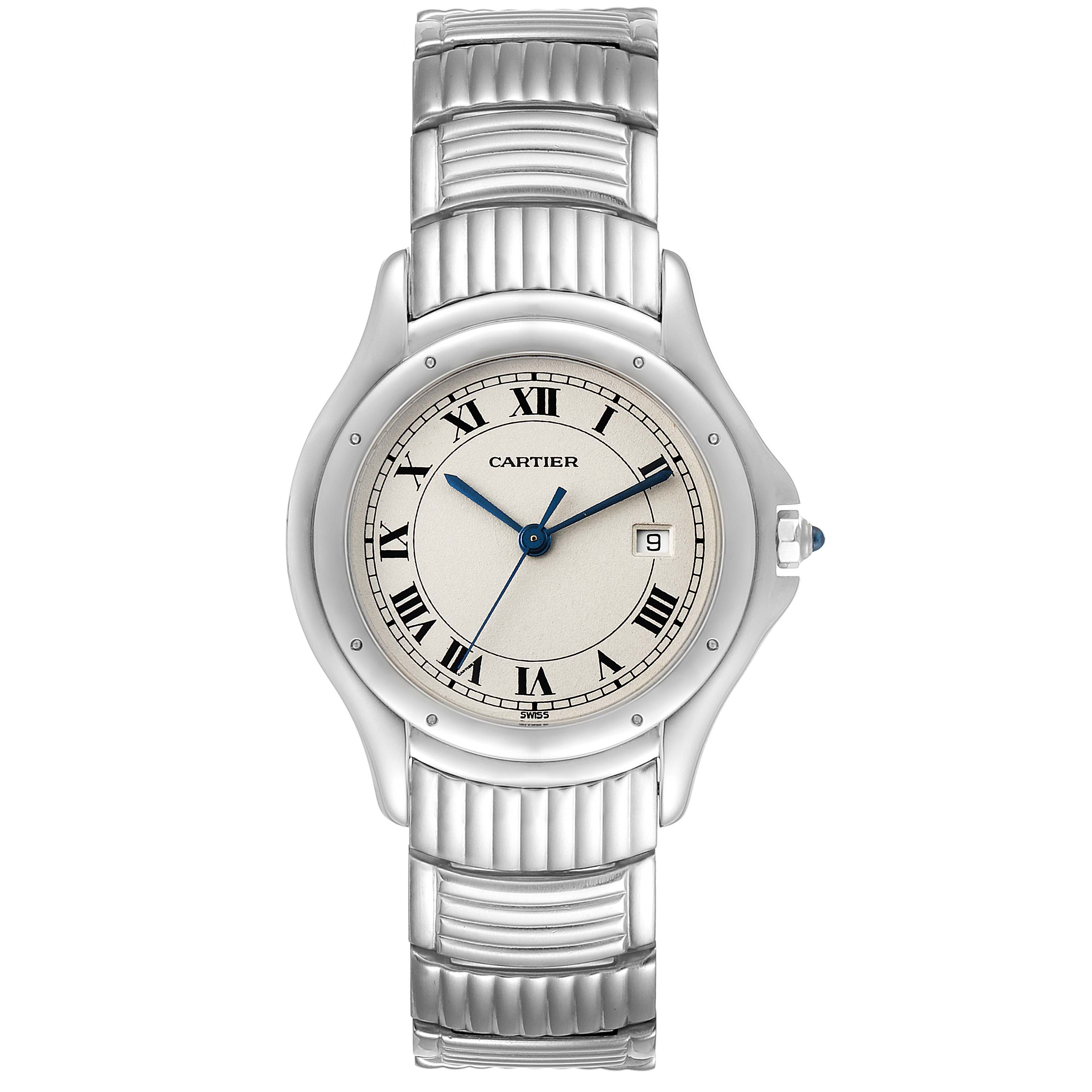 This image shows a frontal view of a Cartier Santos W20027K1 Men
s Stainless Steel Silver Dial W20027K1 Men
s Stainless Steel Silver Dial watch, highlighting its dial, bracelet, and case.