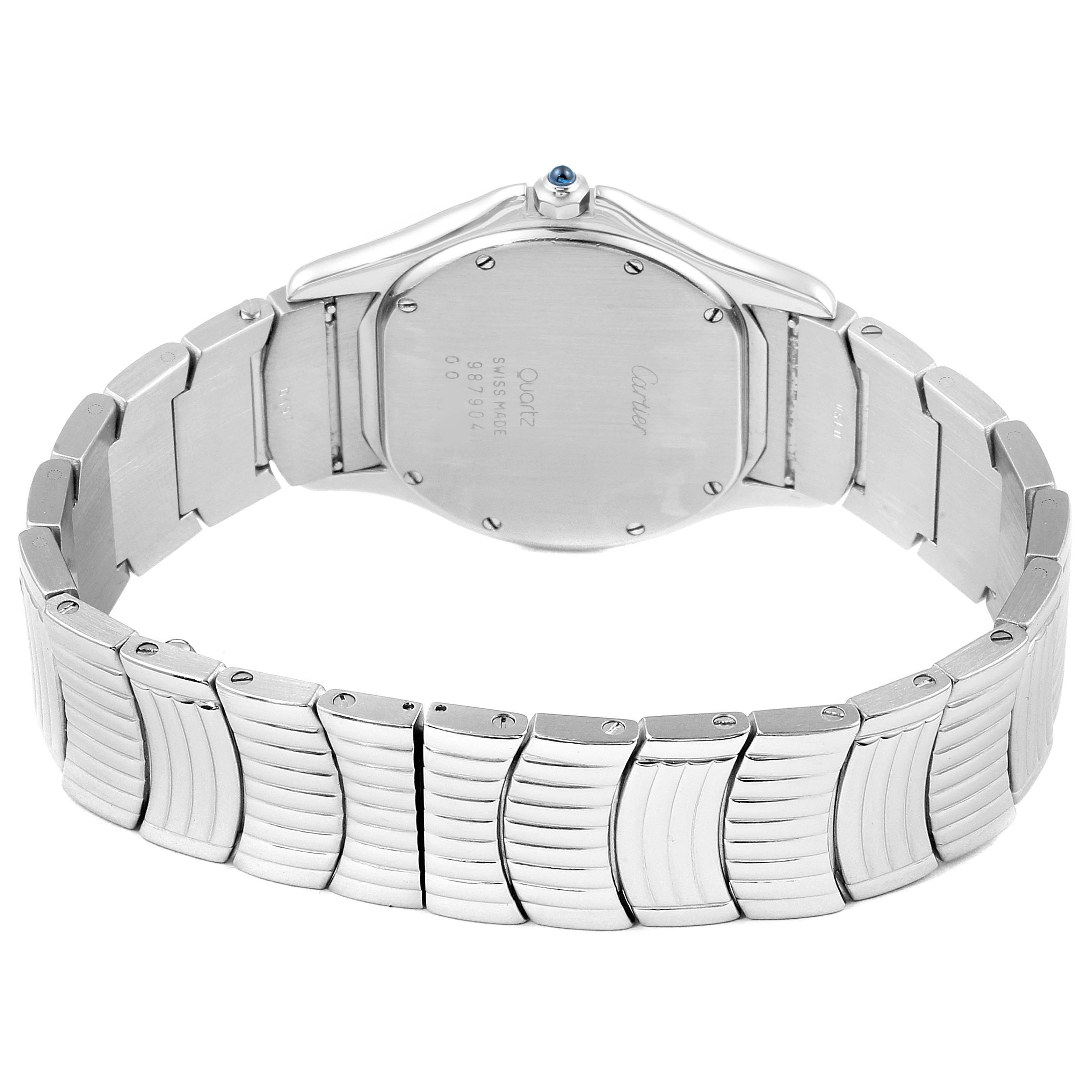 The image shows the back view of a Cartier Santos W20027K1 Men
s Stainless Steel Silver Dial W20027K1 Men
s Stainless Steel Silver Dial watch, highlighting its stainless steel case and bracelet.