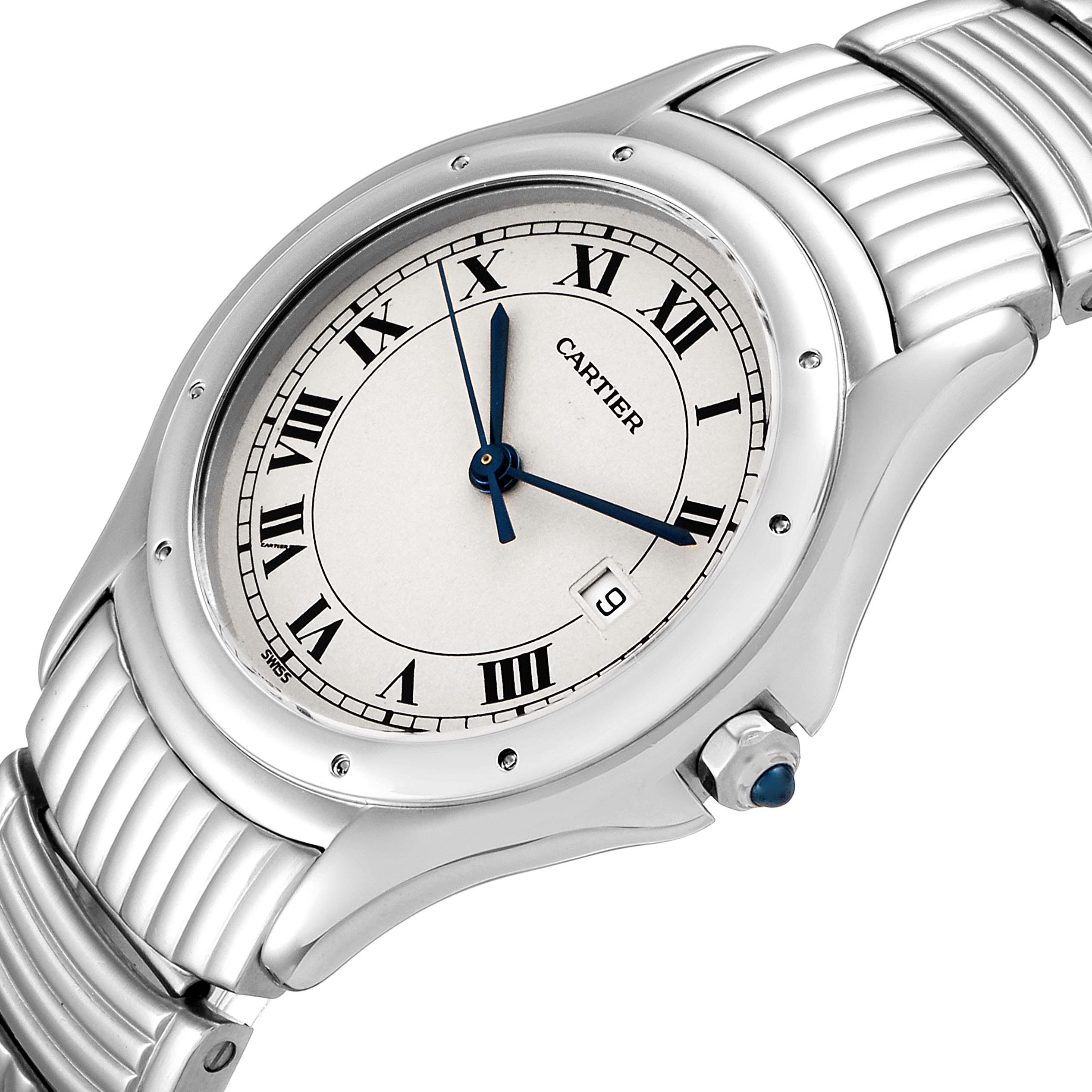 The image shows a close-up angle of the Cartier Santos W20027K1 Men
s Stainless Steel Silver Dial W20027K1 Men
s Stainless Steel Silver Dial watch, highlighting its face, bezel, crown, and part of the bracelet.
