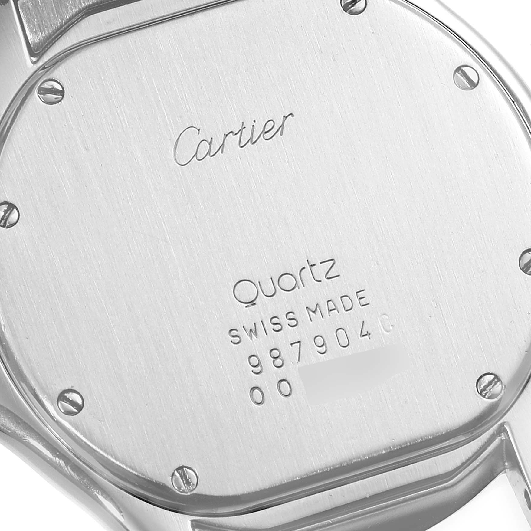This image shows the back case of a Cartier Santos W20027K1 Men
s Stainless Steel Silver Dial W20027K1 Men
s Stainless Steel Silver Dial model watch, displaying the brand name and specifications.