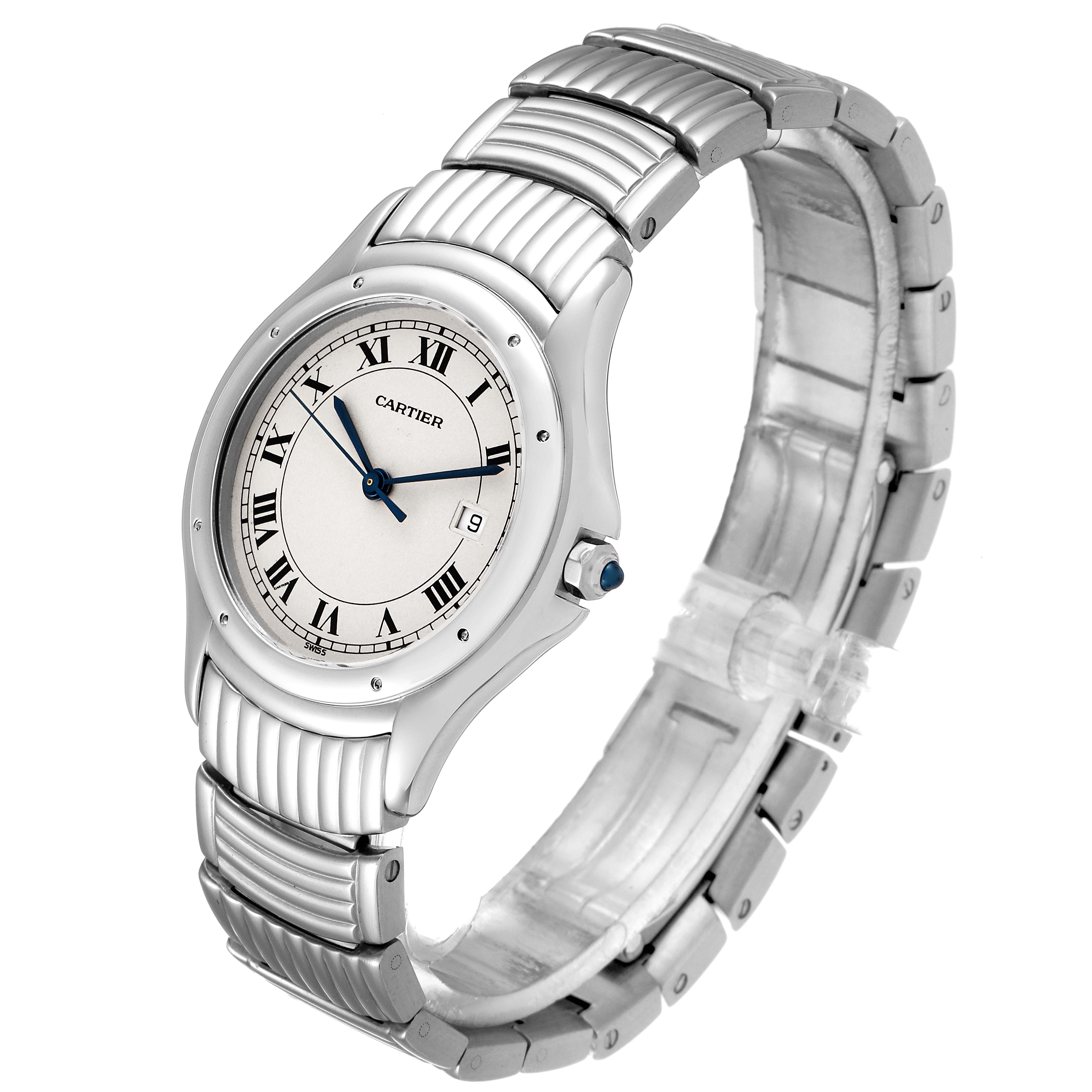 The image shows a Cartier Santos W20027K1 Men
s Stainless Steel Silver Dial W20027K1 Men
s Stainless Steel Silver Dial watch, angled slightly from above, displaying the face, bezel, and bracelet.