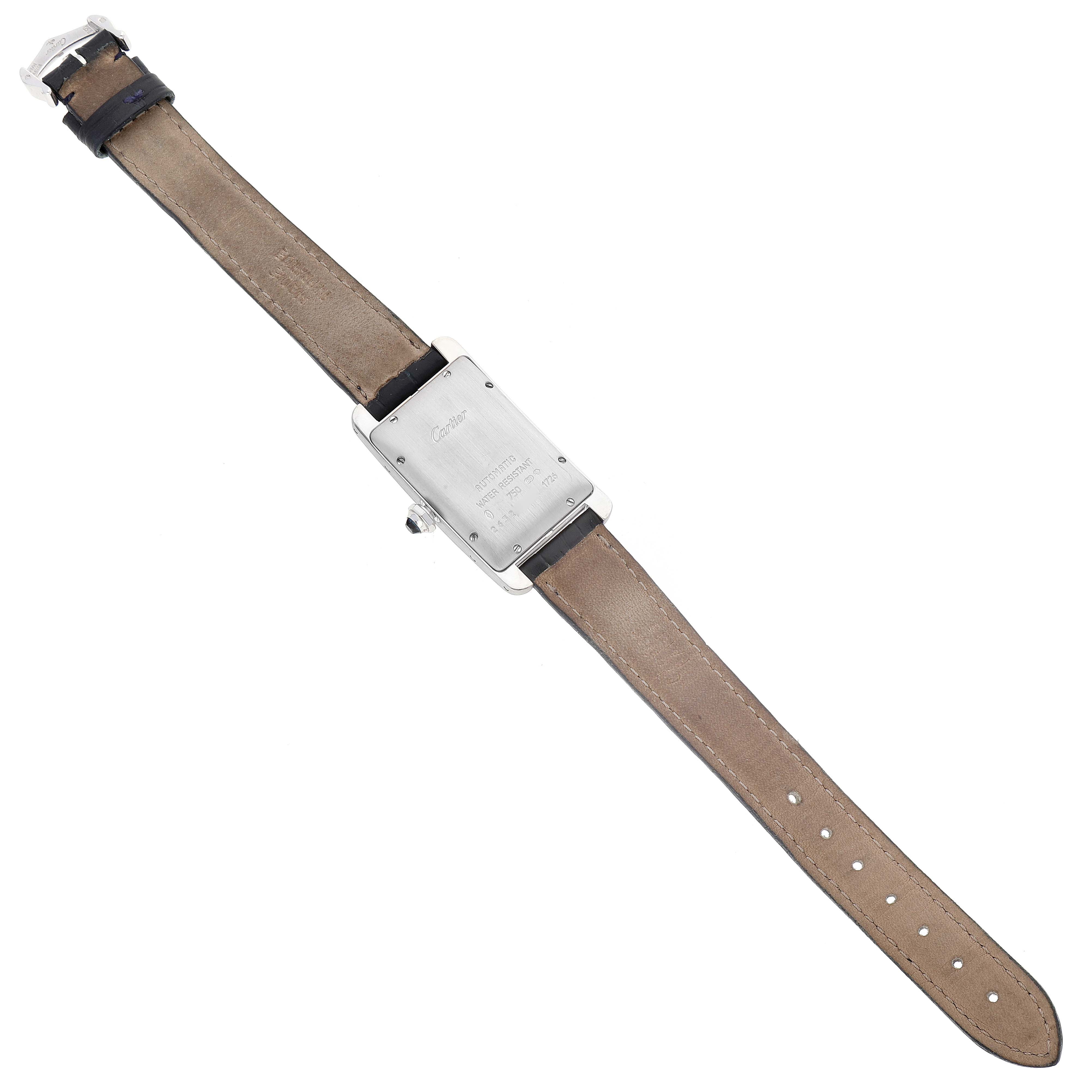 The image shows the back view of the Cartier Tank Americaine W2603656 Women
s White Gold Silver Dial W2603656 Women
s White Gold Silver Dial watch, including its straps and case back.