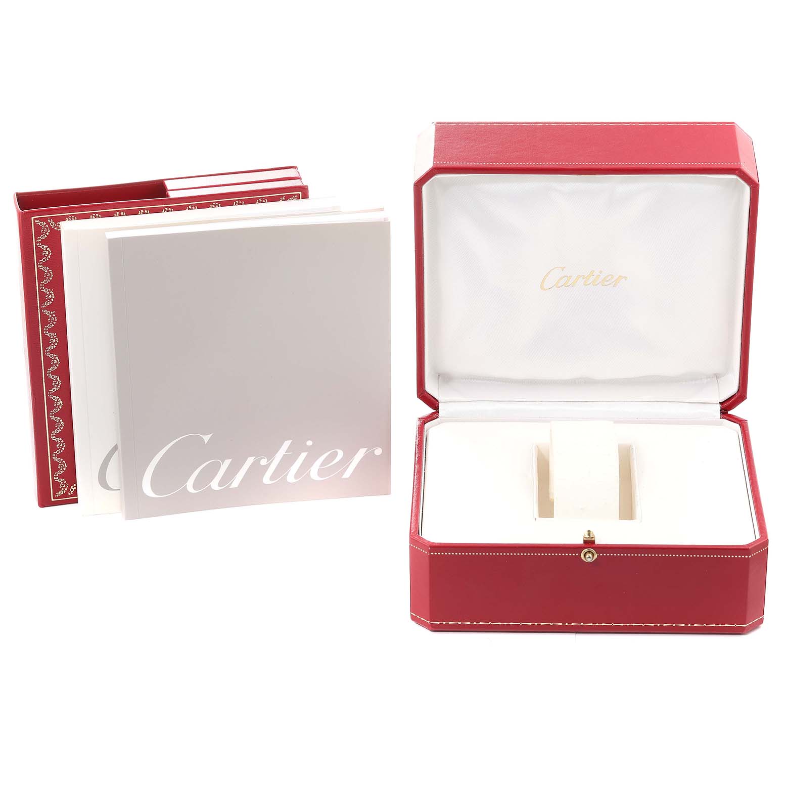 The image shows the packaging and accessories for the Cartier Tank Americaine W2603656 Women
s White Gold Silver Dial W2603656 Women
s White Gold Silver Dial watch, including the red box and booklets.
