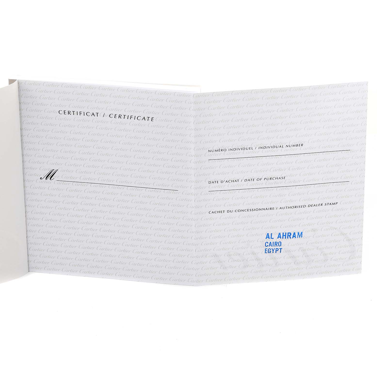 This image shows the certificate of Best Quality
ity for the Tank Americaine model by Cartier, with dealer stamp and information fields.