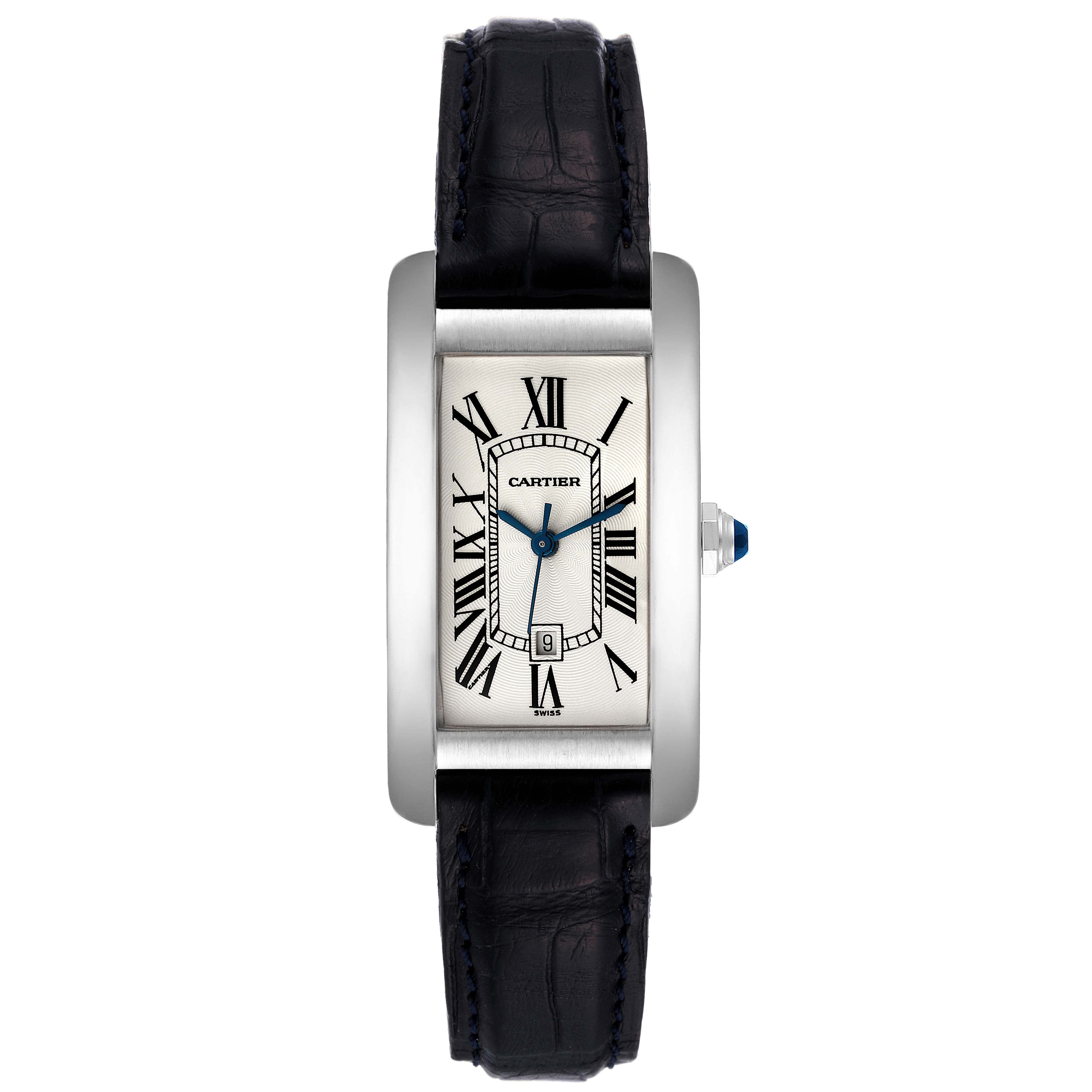 This image shows a front view of a Cartier Tank Americaine W2603656 Women
s White Gold Silver Dial W2603656 Women
s White Gold Silver Dial watch, including its face, Roman numerals, leather strap, and side crown.