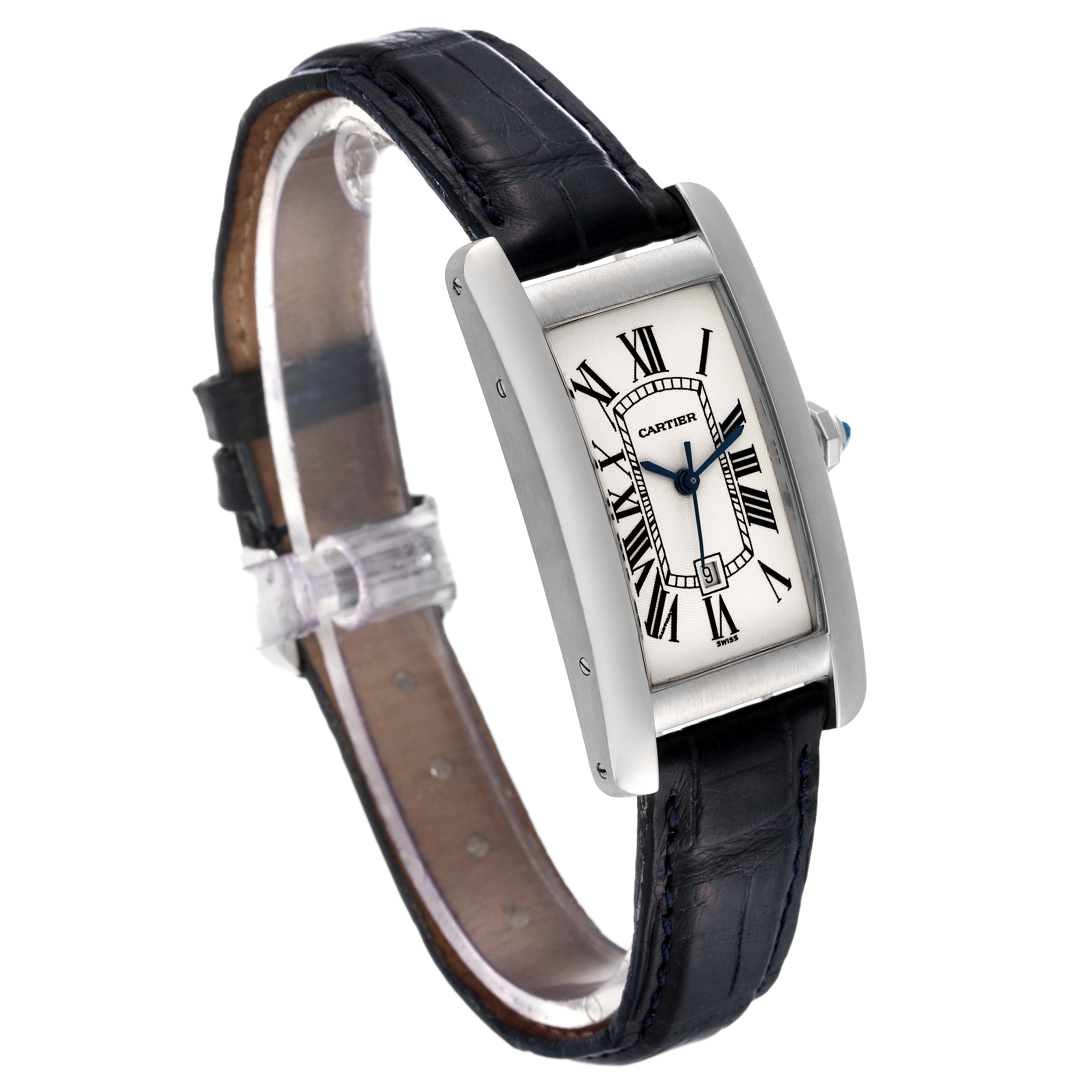 The image shows a Cartier Tank Americaine W2603656 Women
s White Gold Silver Dial W2603656 Women
s White Gold Silver Dial watch from an angled side view, highlighting its face, strap, and case.
