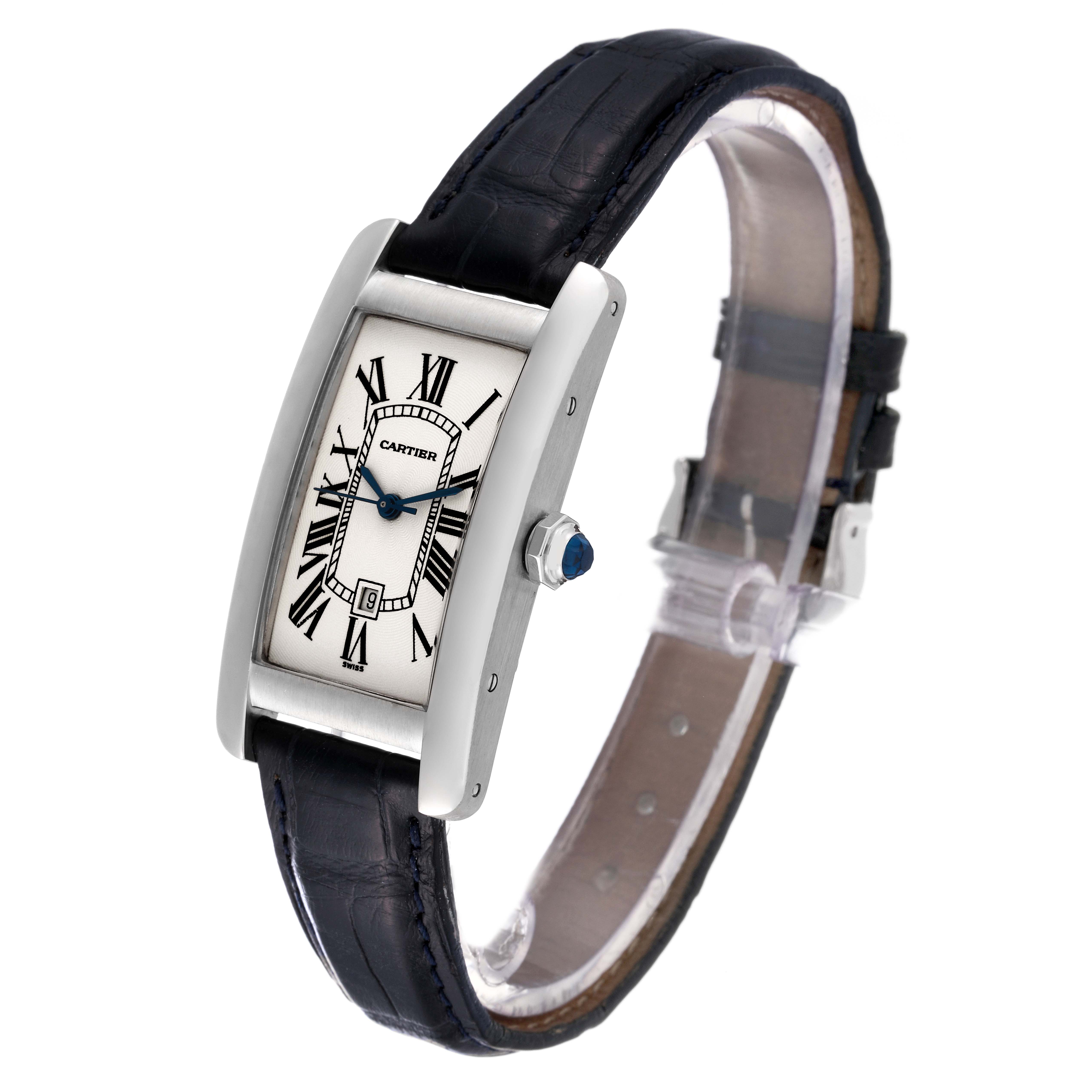 This image shows a side view of the Cartier Tank Americaine W2603656 Women
s White Gold Silver Dial W2603656 Women
s White Gold Silver Dial watch, highlighting its face, crown, and leather strap.