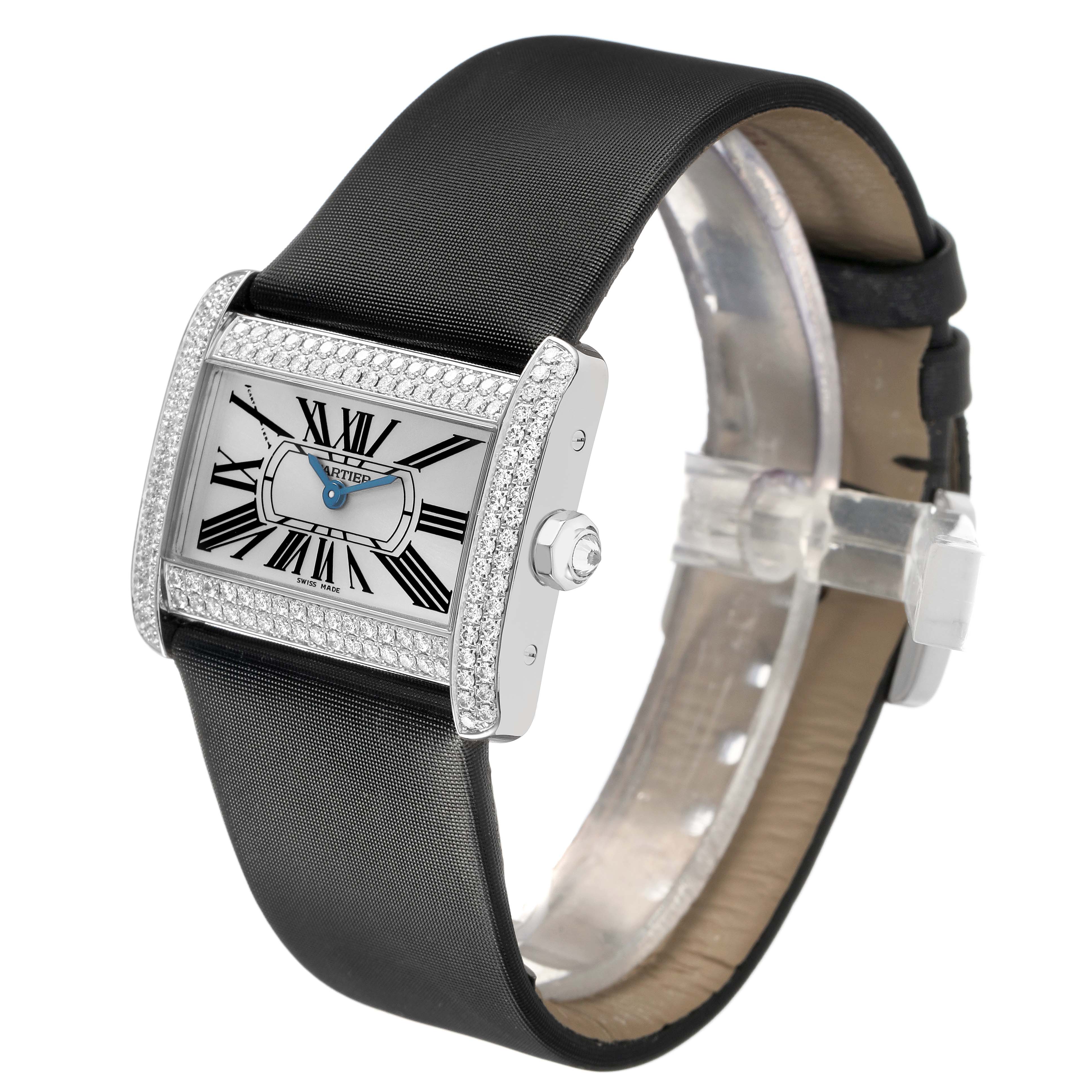 The Cartier Tank Divan WA301271 Women's White Gold Silver Dial watch is shown at a side angle, highlighting the face, case, and strap.