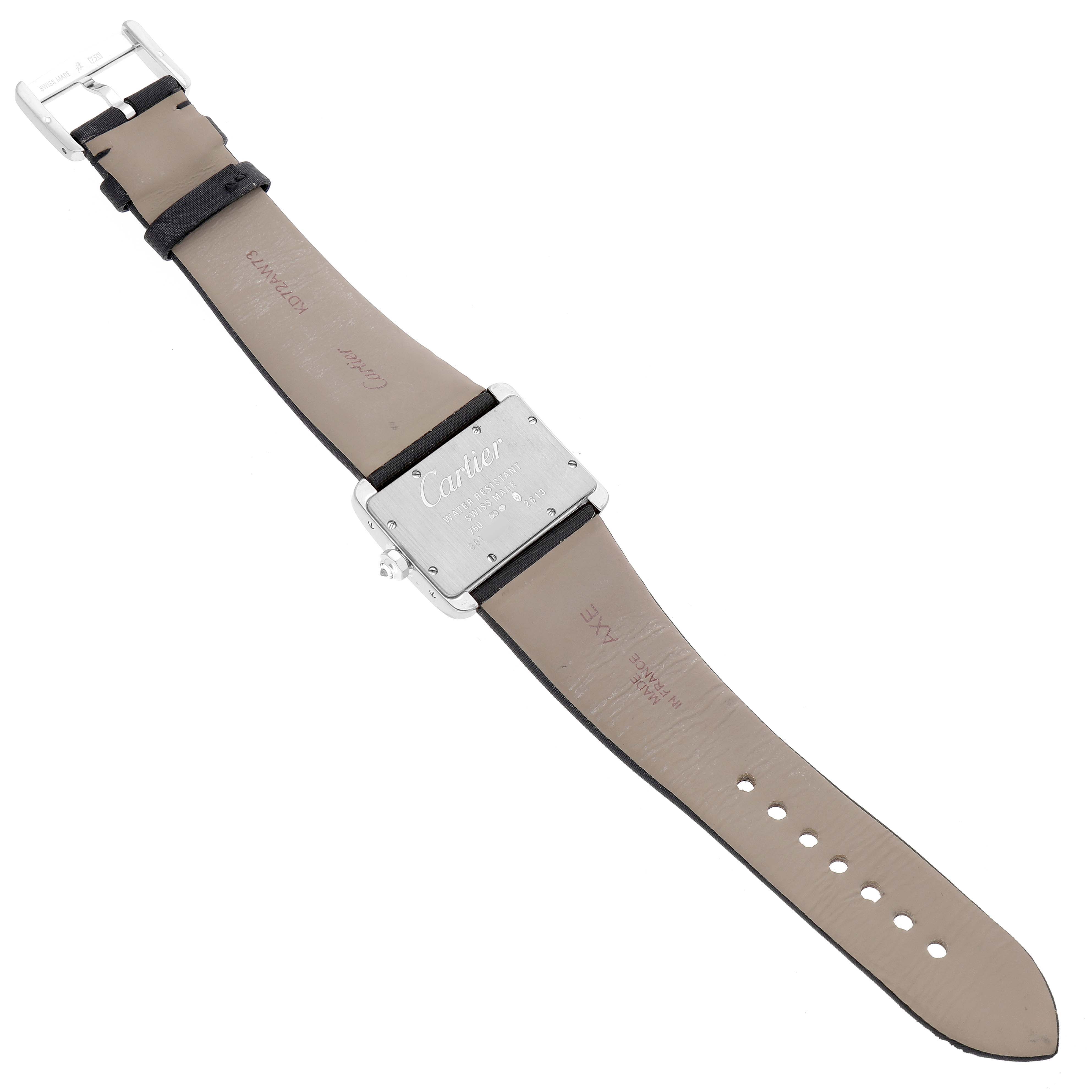 The image shows the back view of a Cartier Tank Divan WA301271 Women's White Gold Silver Dial watch, highlighting the case back, strap, and buckle.