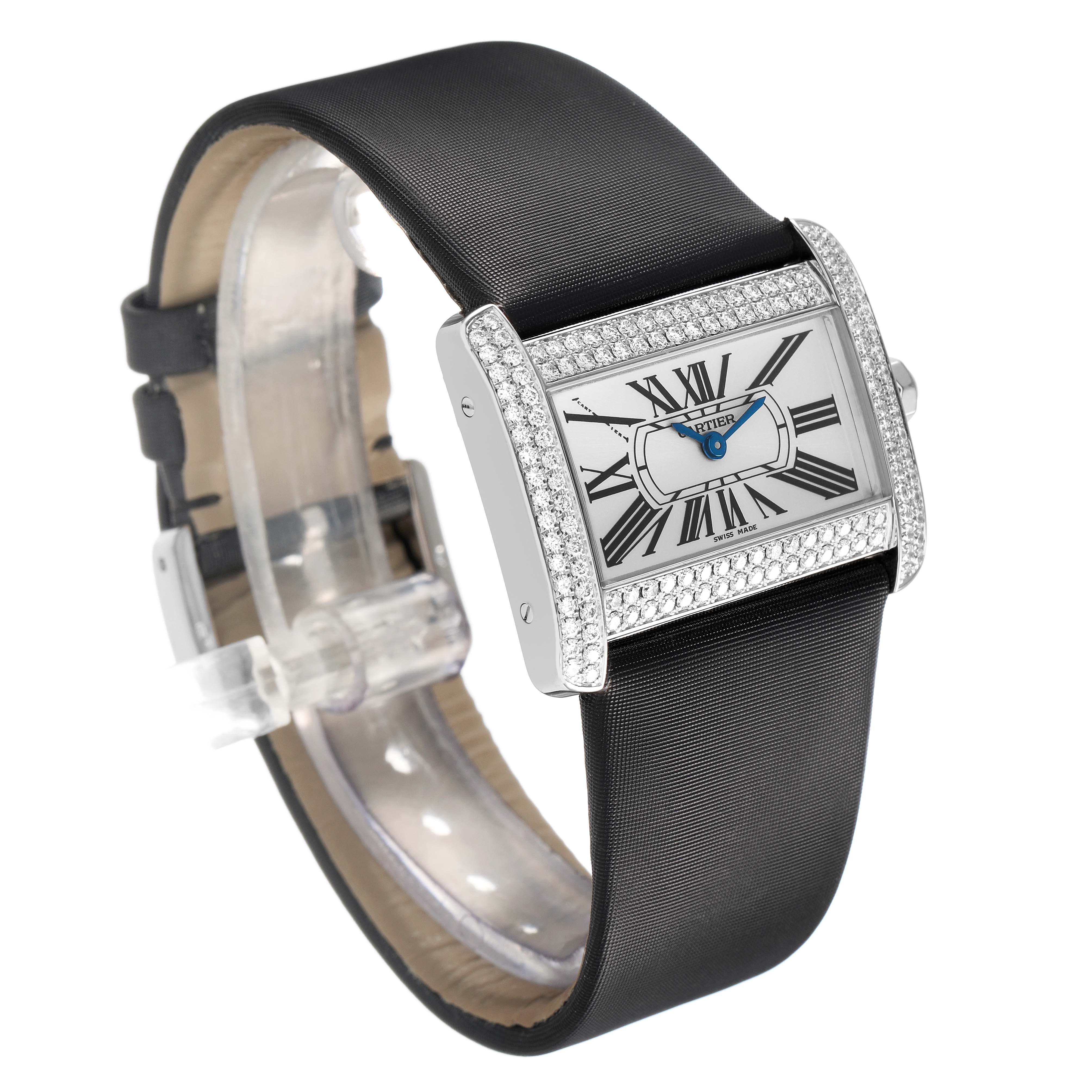 The Cartier Tank Divan WA301271 Women's White Gold Silver Dial watch is shown at a three-quarter angle, displaying the face, bezel, and part of the strap.