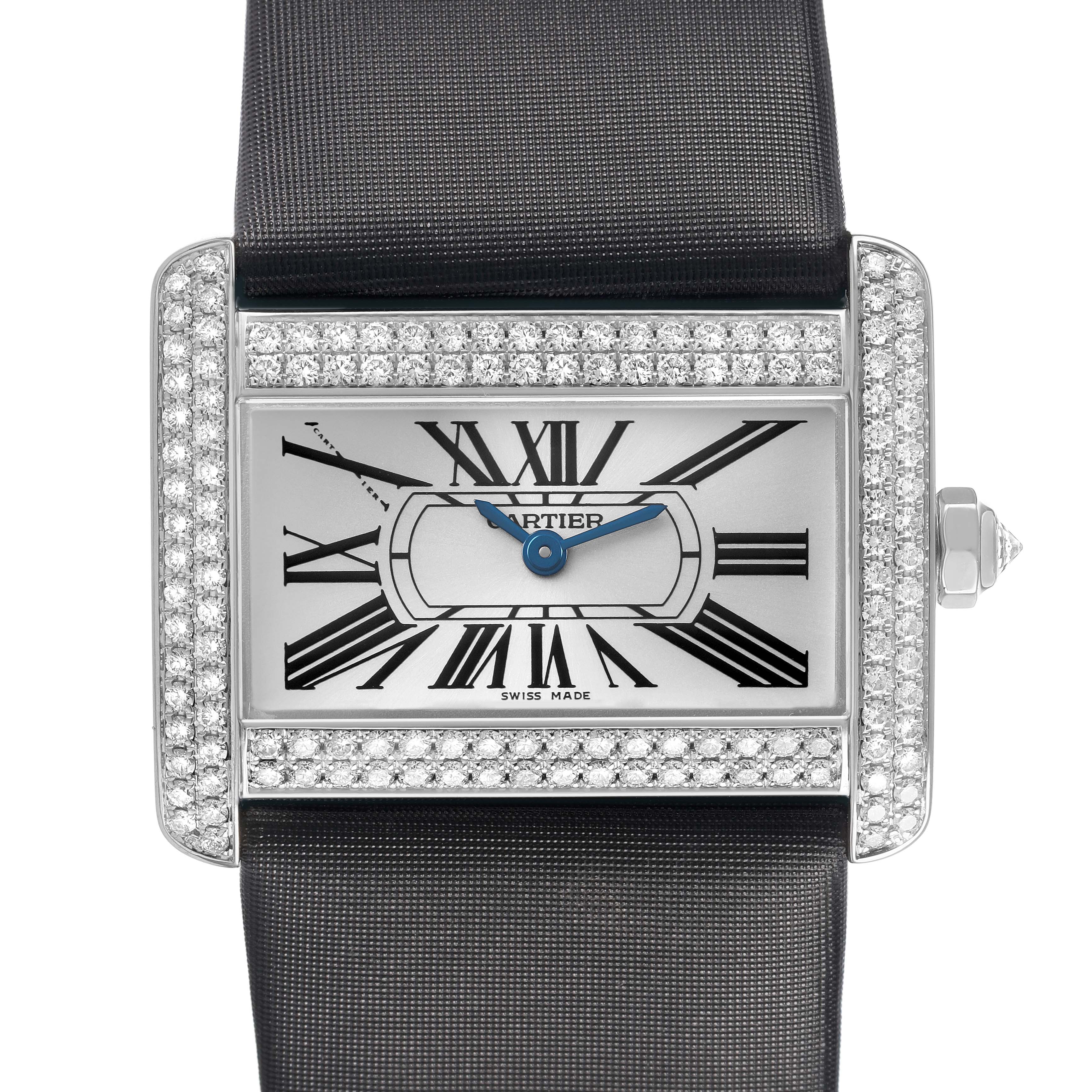 The Cartier Tank Divan WA301271 Women's White Gold Silver Dial watch is shown from the front, highlighting its diamond-studded bezel and Roman numeral dial.