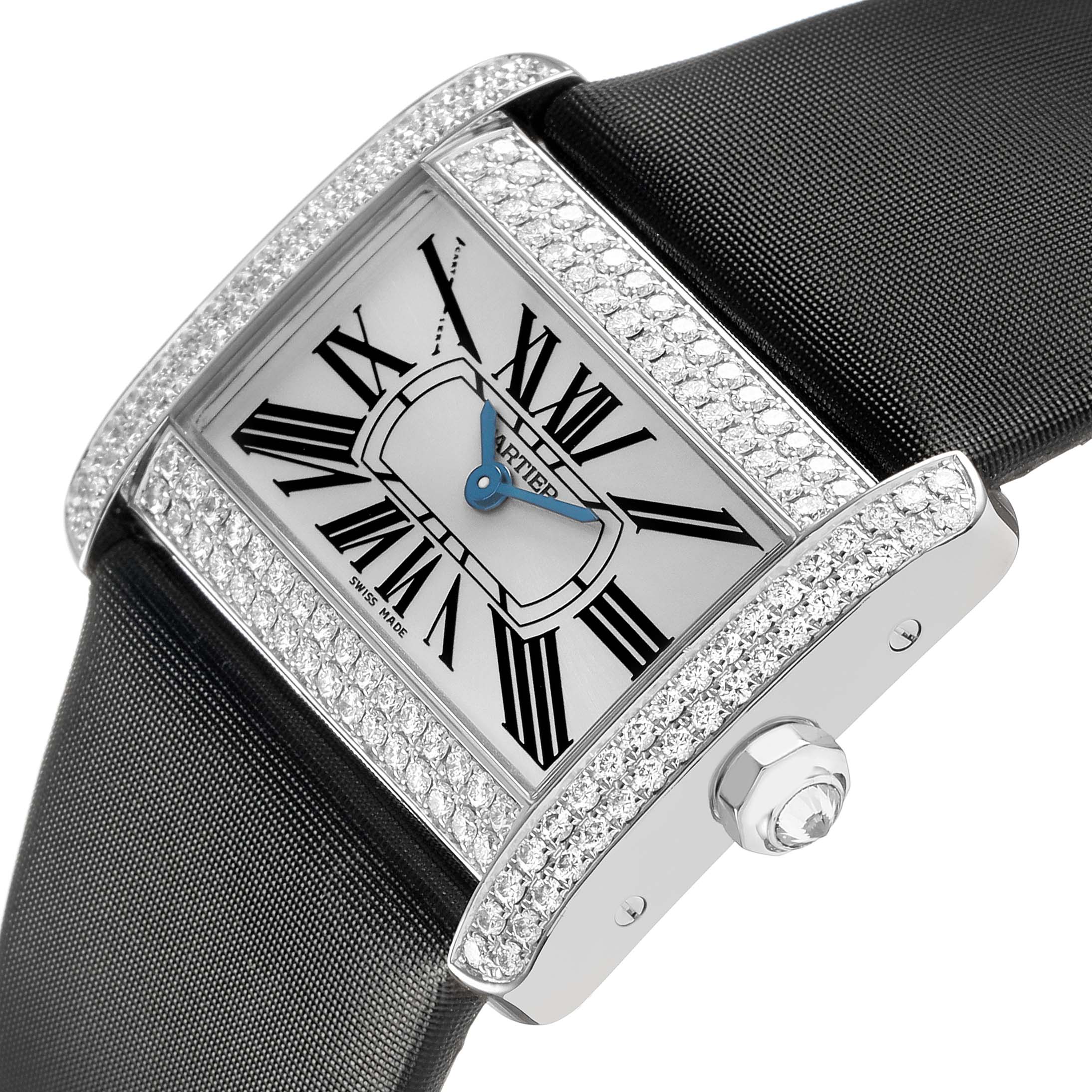 The Cartier Tank Divan WA301271 Women's White Gold Silver Dial watch is shown from a three-quarter angle, highlighting its diamond-encrusted bezel and crown.