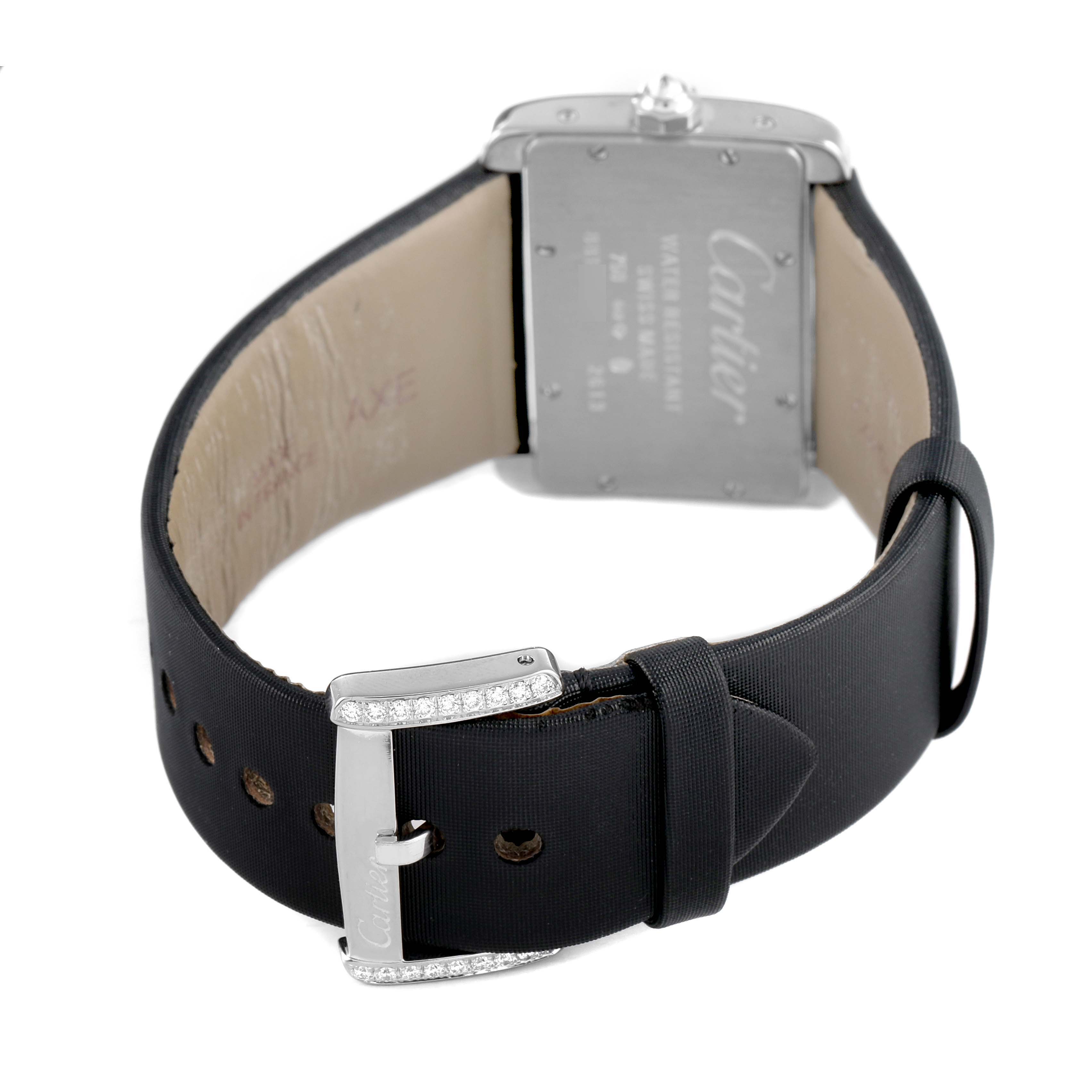 The Cartier Tank Divan WA301271 Women's White Gold Silver Dial watch is shown from the back, highlighting the case back, strap, and buckle.