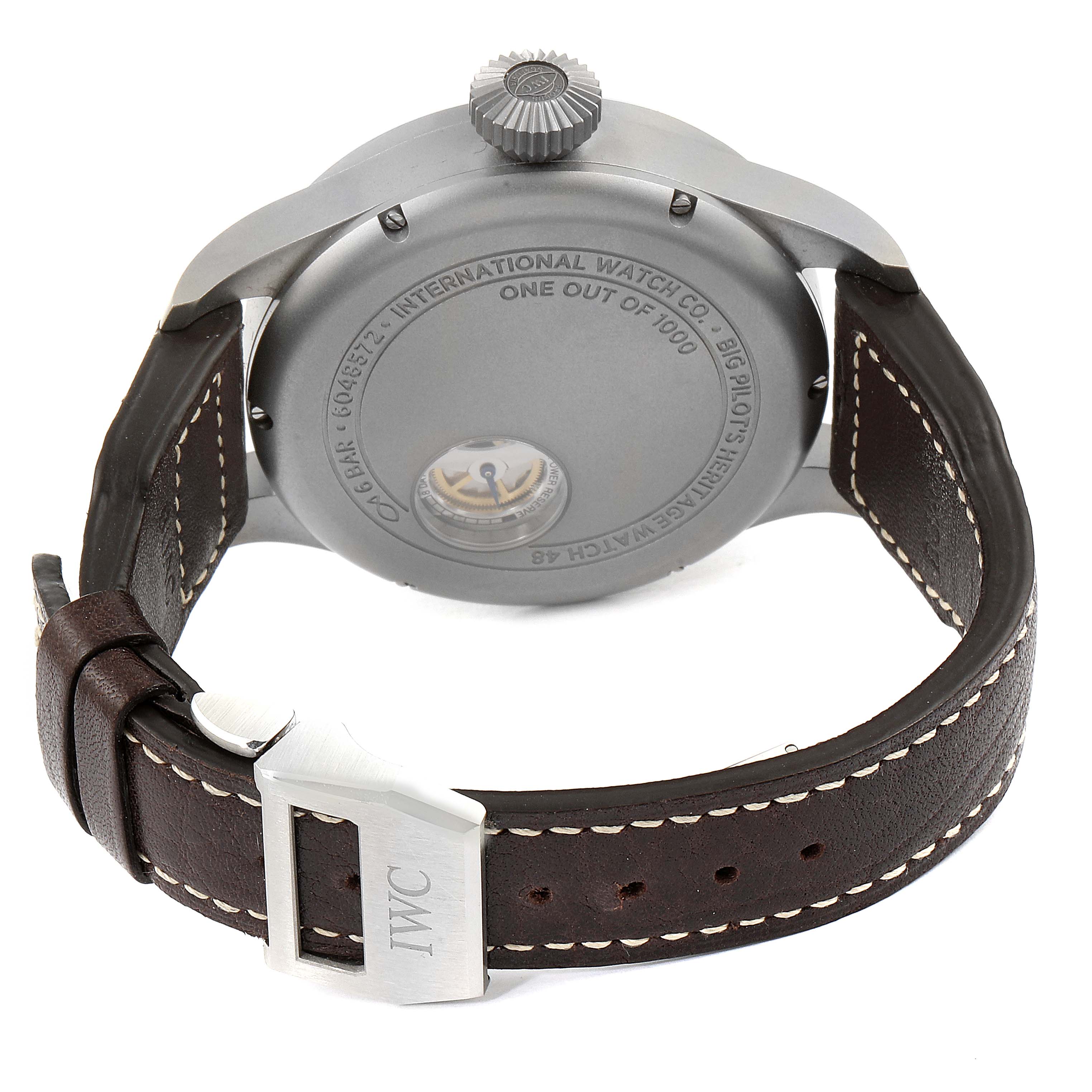 This image shows the back view of the IWC Pilot IW510301 Men's Titanium Black Dial IW510301 Men's Titanium Black Dial watch, highlighting the case back, crown, and leather strap with an IWC buckle.