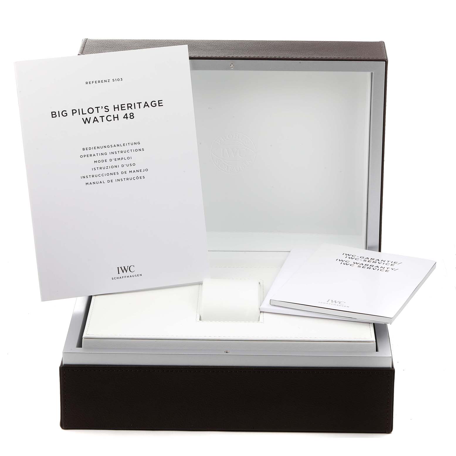 The image shows the open box and manuals for the IWC Big Pilot's Heritage Watch 48.