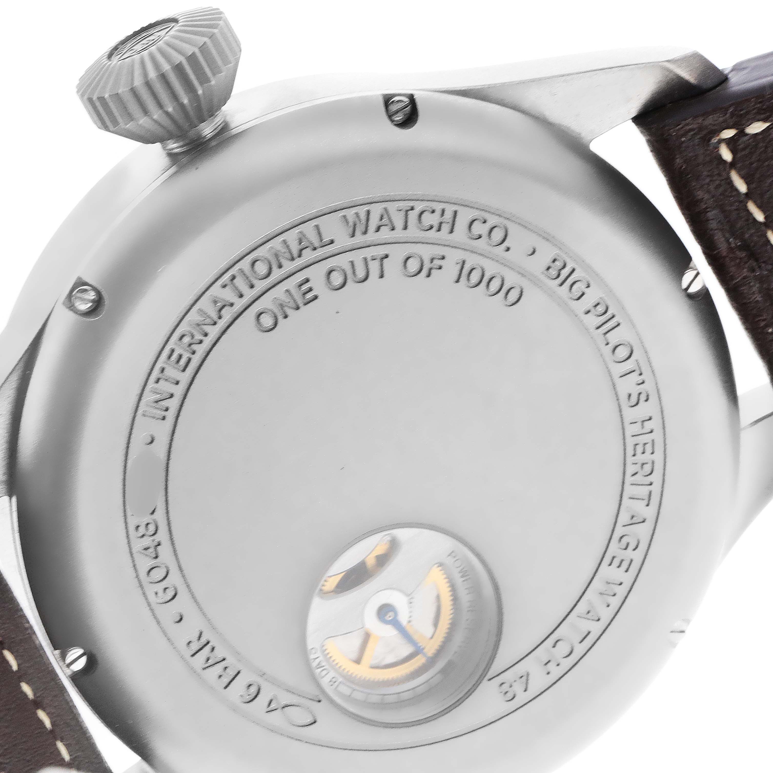 The image shows the back case, crown, and a part of the strap of the IWC Big Pilot's Heritage Watch model.