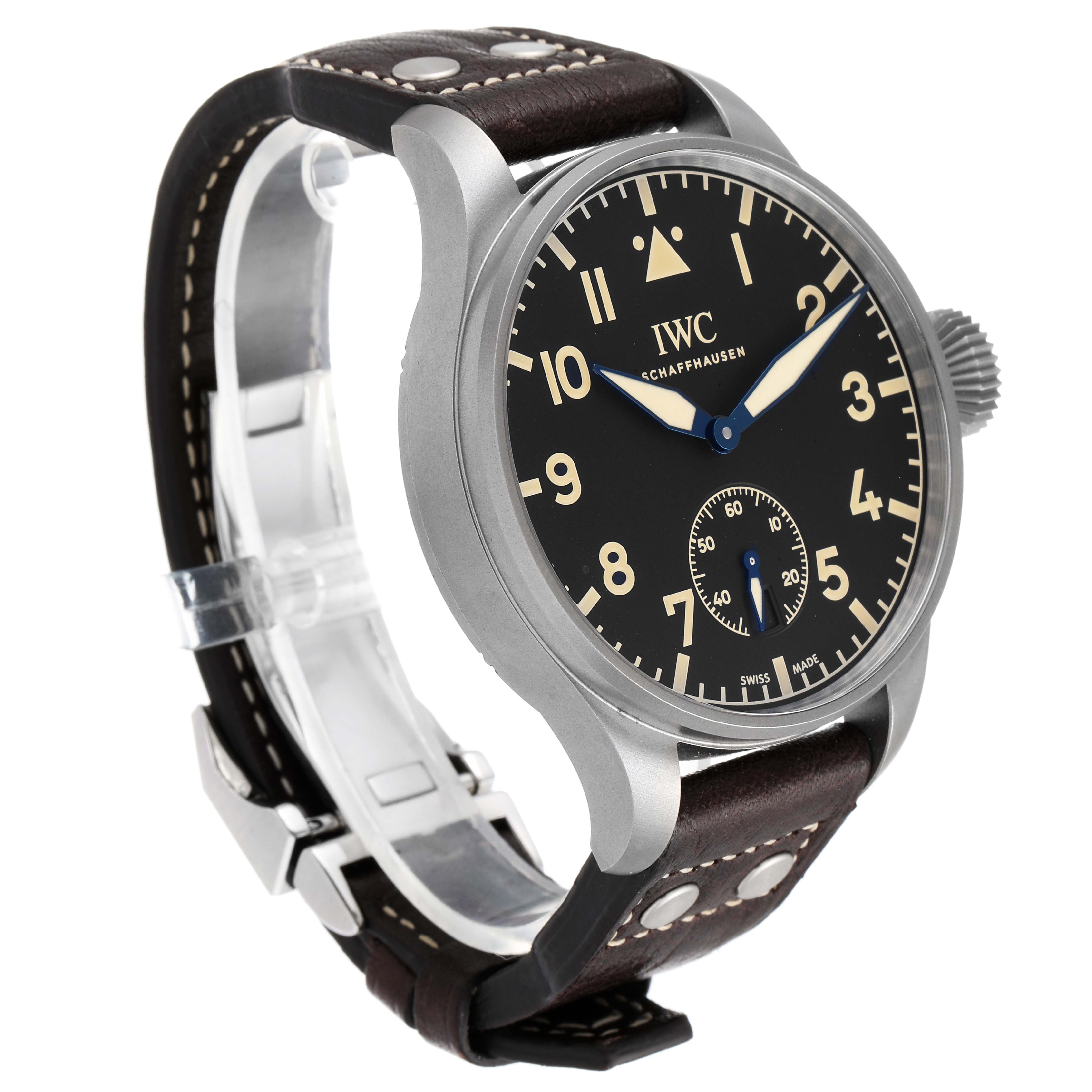 This image shows an angled view of the IWC Pilot IW510301 Men's Titanium Black Dial IW510301 Men's Titanium Black Dial watch model, highlighting the dial, case, crown, and leather strap.