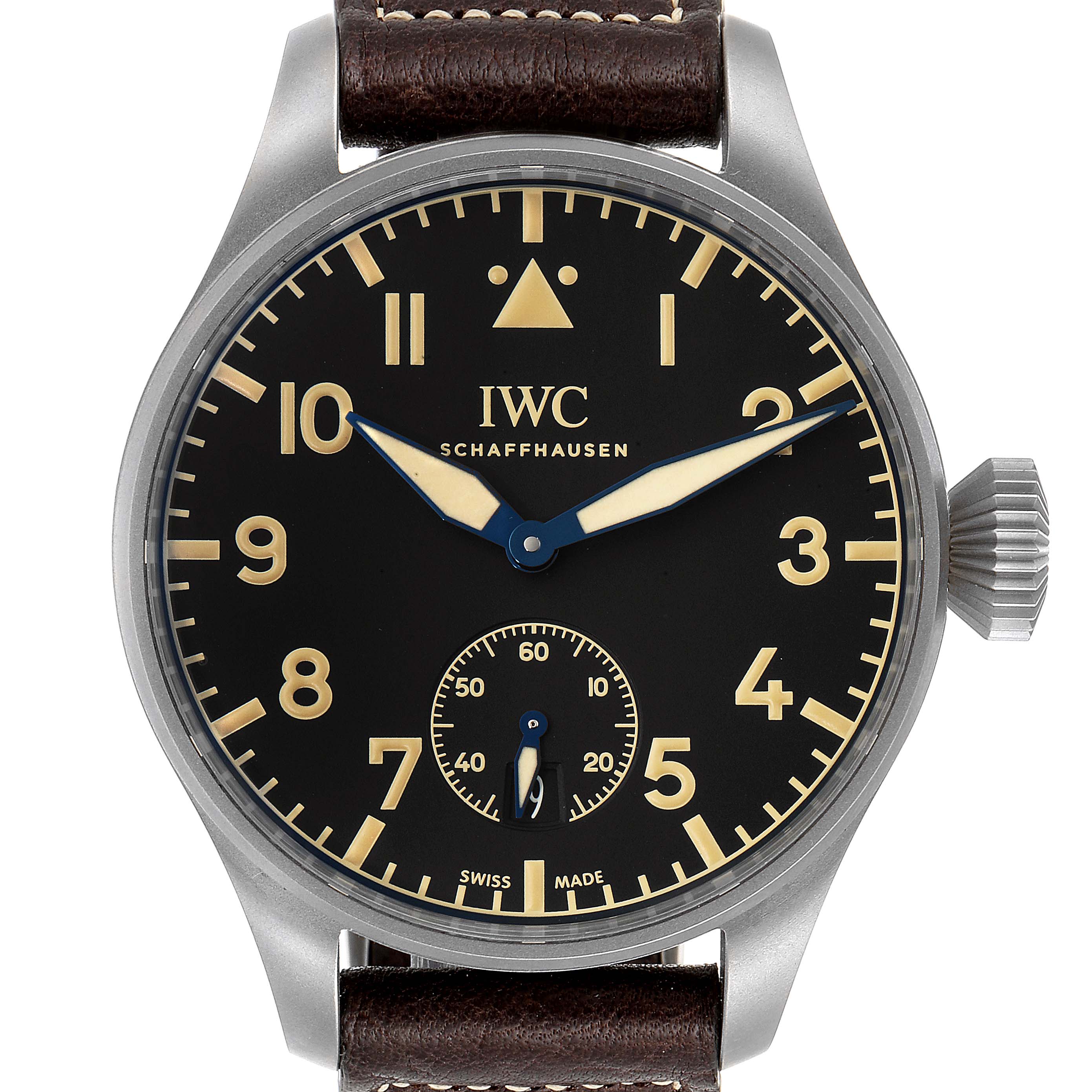 The image shows a frontal view of the IWC Pilot IW510301 Men's Titanium Black Dial IW510301 Men's Titanium Black Dial watch model displaying the dial, hands, crown, and strap.