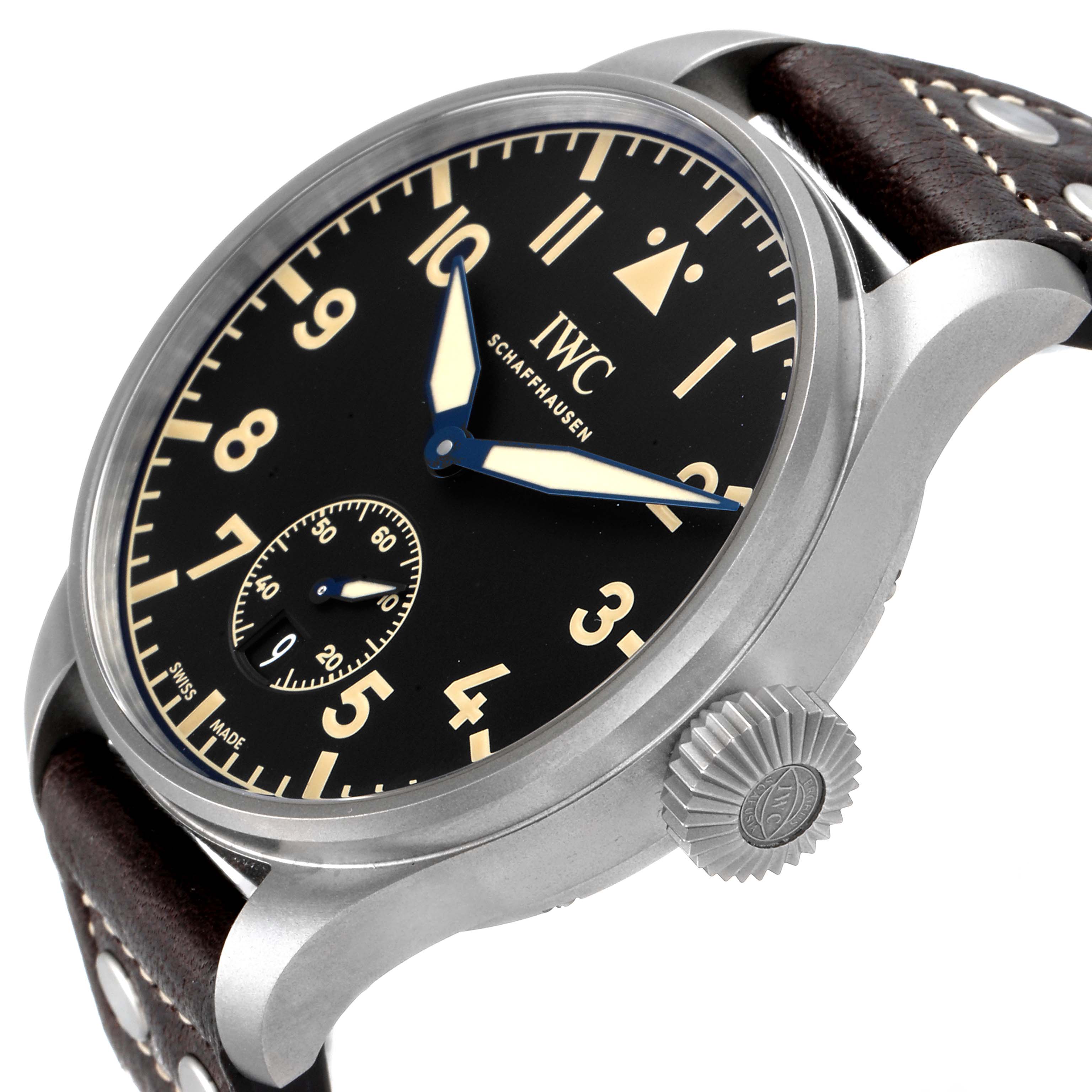 The IWC Pilot IW510301 Men's Titanium Black Dial IW510301 Men's Titanium Black Dial watch is shown from a side-angle, highlighting the dial, crown, and leather strap.