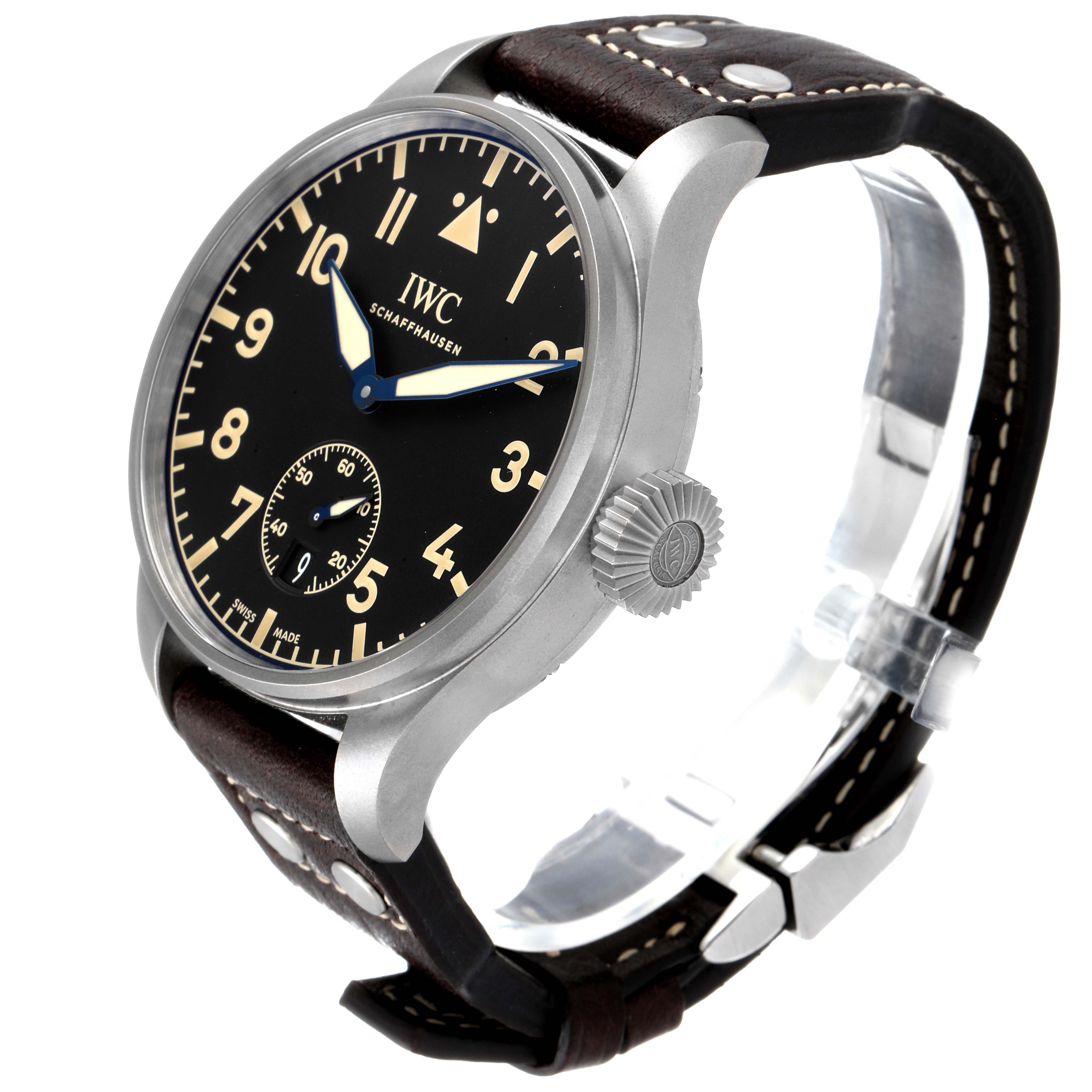 This image shows a Pilot model watch by IWC at a three-quarter angle, highlighting its dial, crown, and leather strap.