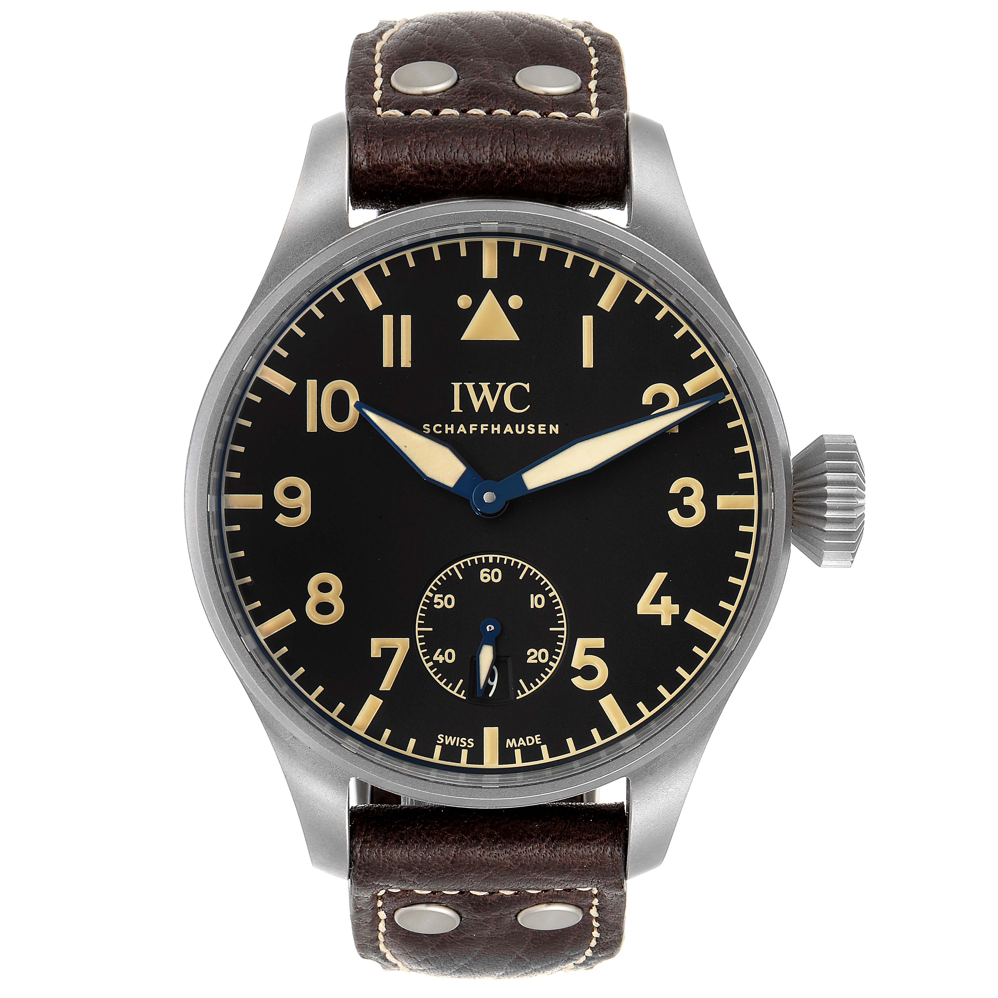 This image shows a front view of the IWC Pilot IW510301 Men's Titanium Black Dial IW510301 Men's Titanium Black Dial watch, highlighting its dial, bezel, crown, and leather strap.
