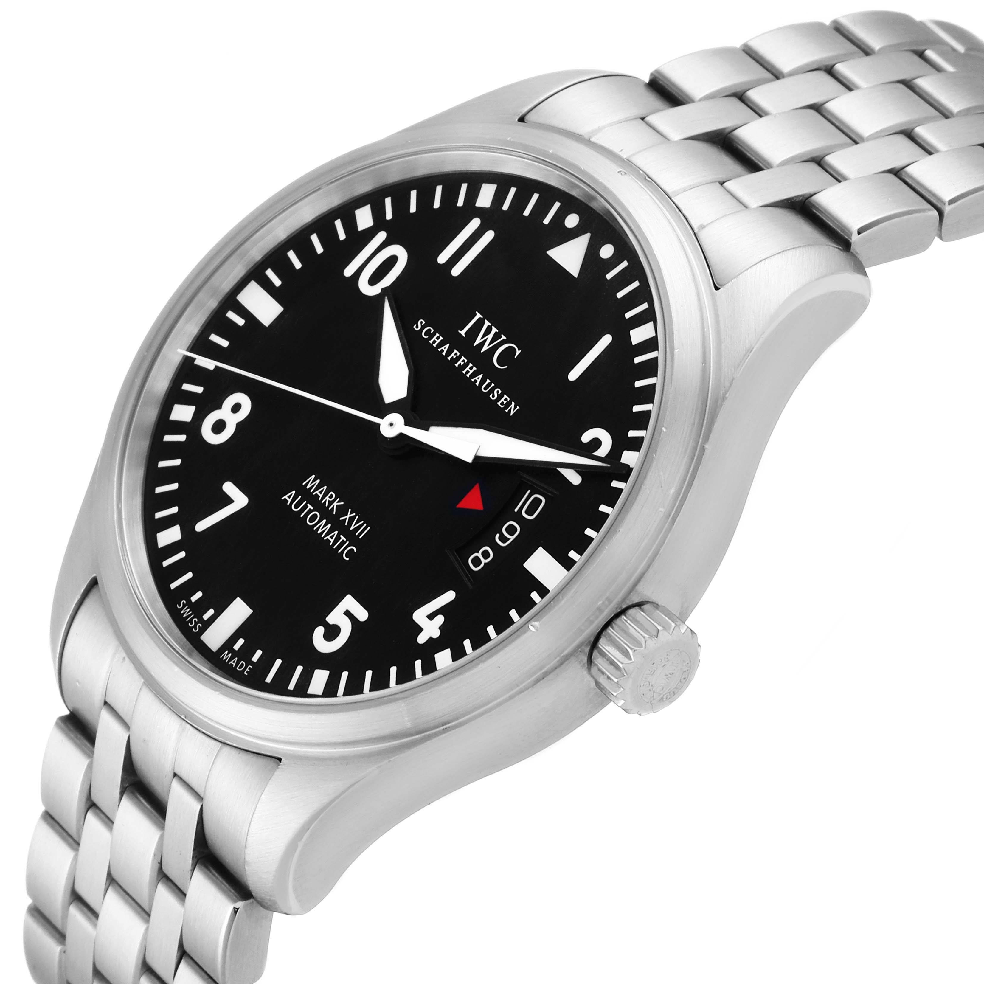 The image shows an IWC Pilot IW326504 Men's Stainless Steel Black Dial IW326504 Men's Stainless Steel Black Dial Mark XVII wristwatch with a stainless steel band, viewed from a front-side angle.