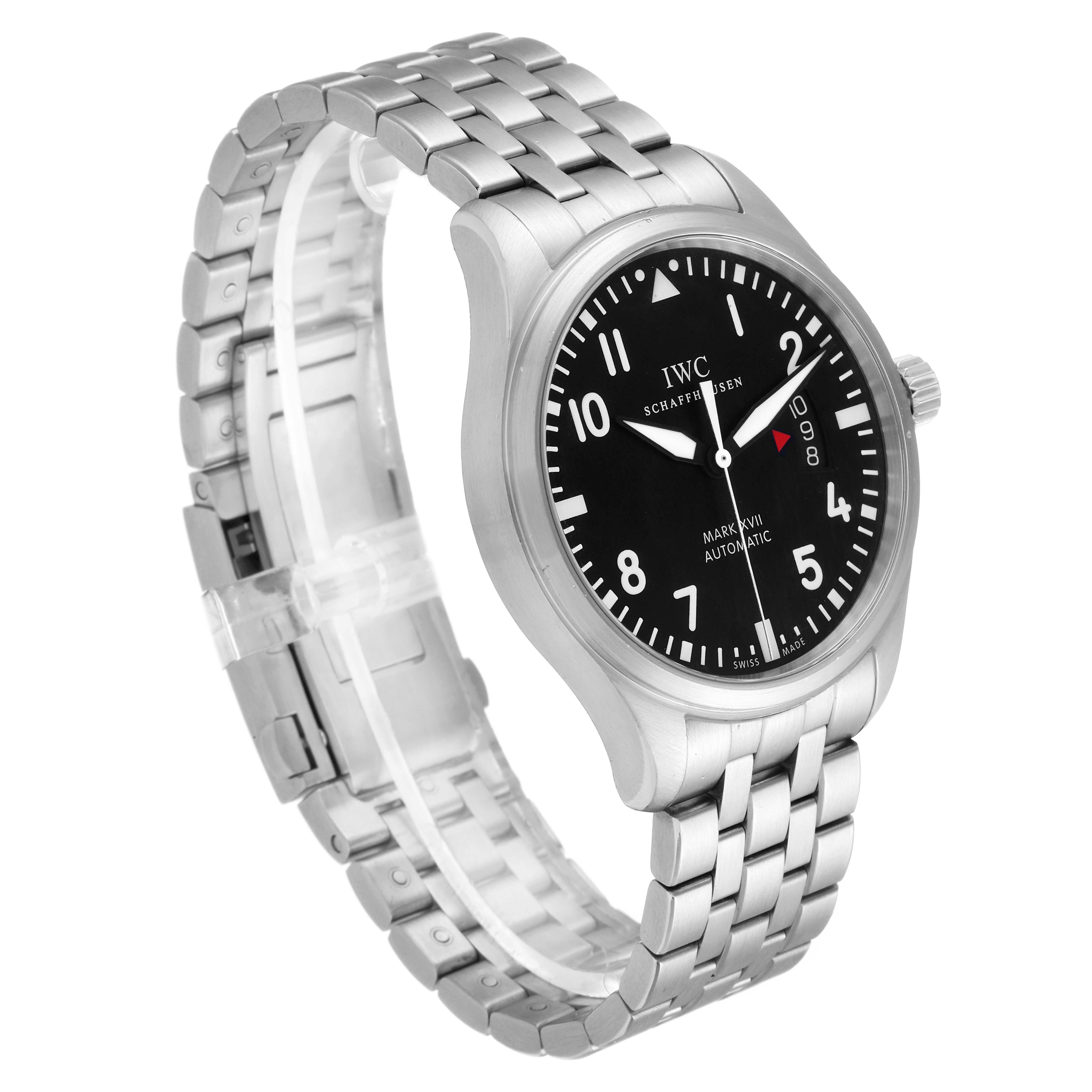 This IWC Pilot IW326504 Men's Stainless Steel Black Dial IW326504 Men's Stainless Steel Black Dial model watch is shown at an angled side view, highlighting the face, case, and metal bracelet.