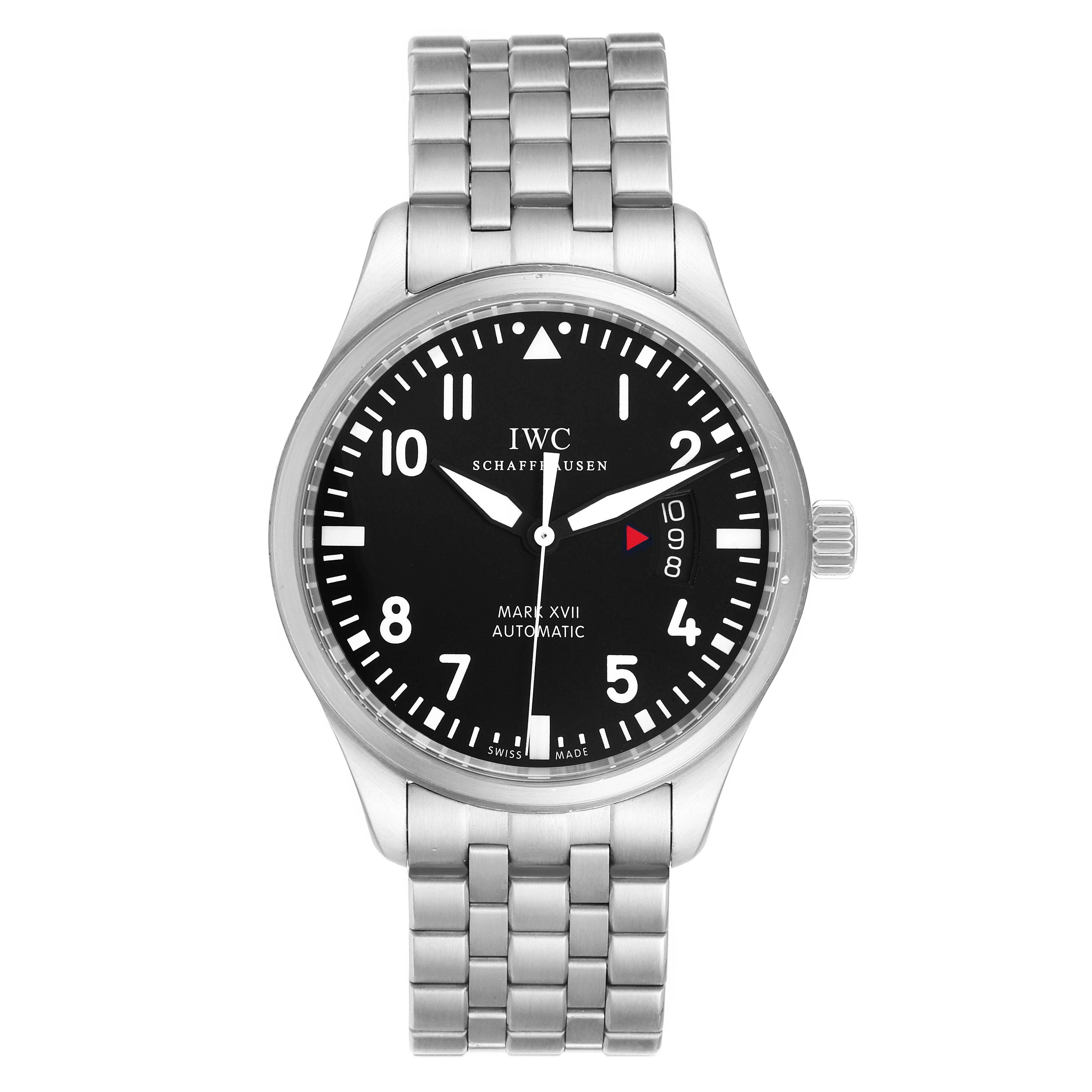 The image shows a front view of the IWC Pilot IW326504 Men's Stainless Steel Black Dial IW326504 Men's Stainless Steel Black Dial Mark XVII watch with a stainless steel bracelet.