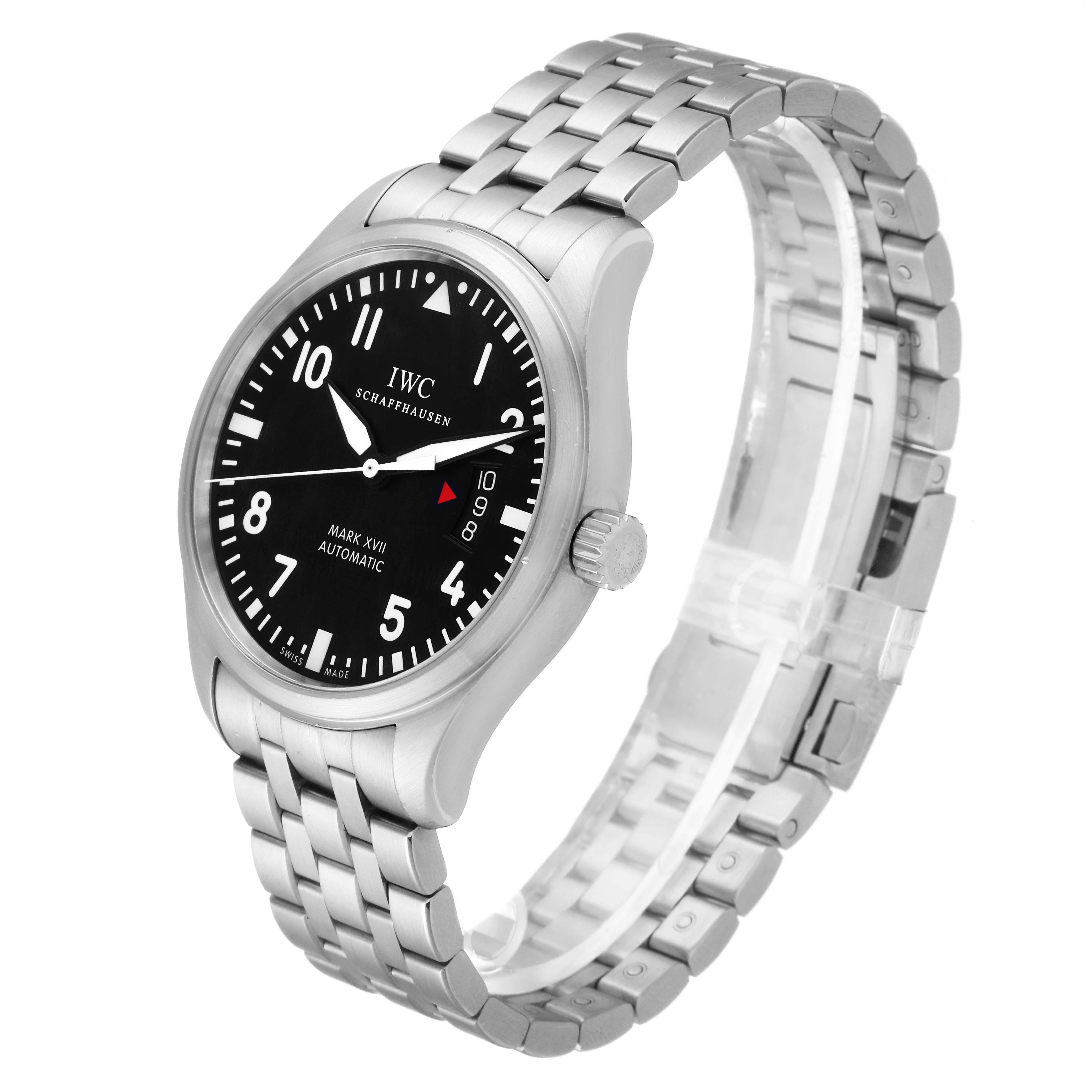 The image shows the front and side view of an IWC Pilot IW326504 Men's Stainless Steel Black Dial IW326504 Men's Stainless Steel Black Dial Mark XVIII watch, focusing on the dial, bracelet, and crown.