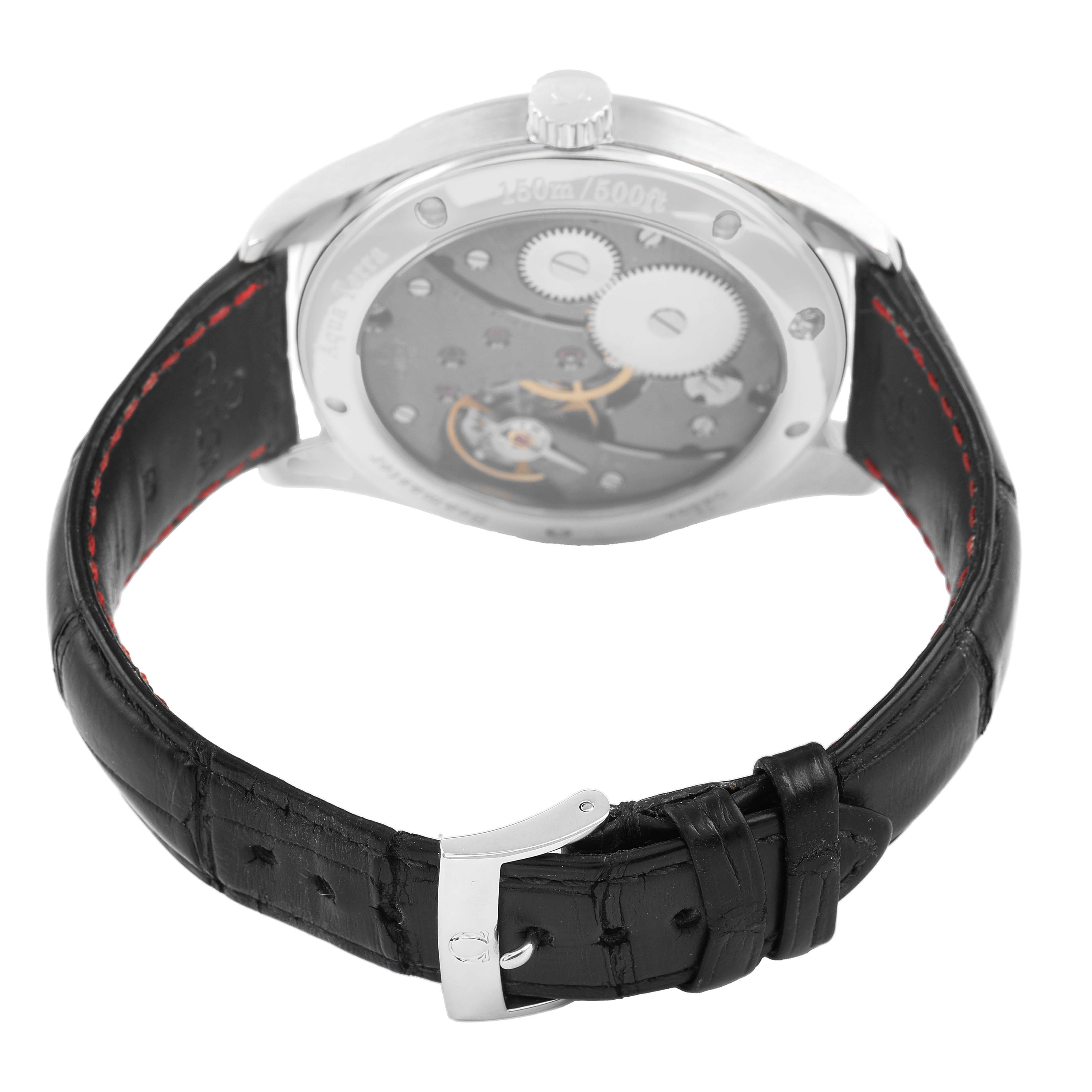 The Omega Seamaster 231.13.49.10.06.001 Men's Stainless Steel Grey Dial watch is shown from a rear angle, highlighting the transparent case back and leather strap.