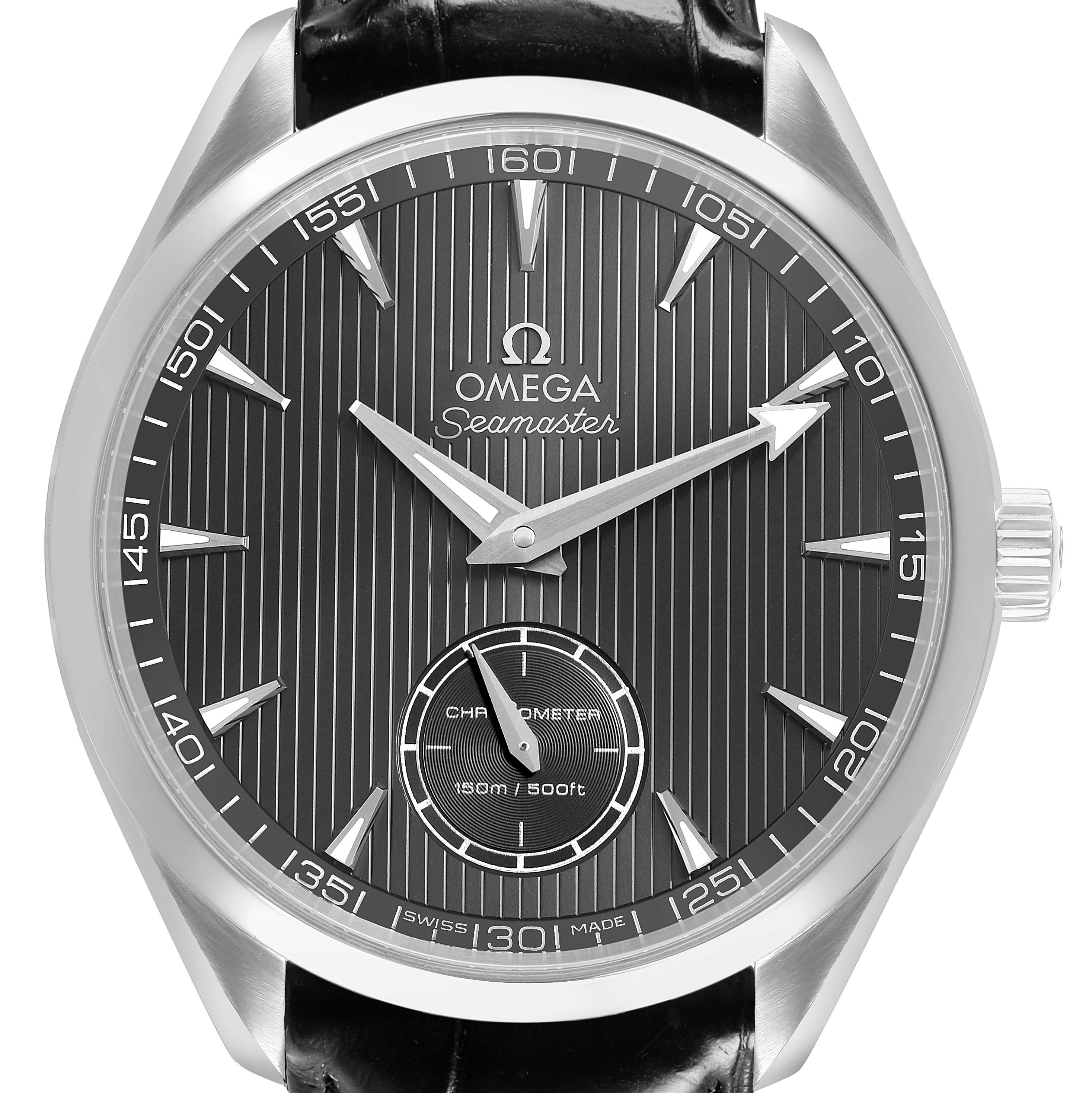 The Omega Seamaster 231.13.49.10.06.001 Men's Stainless Steel Grey Dial watch is shown from a front angle, highlighting the dial, hands, indices, and crown.