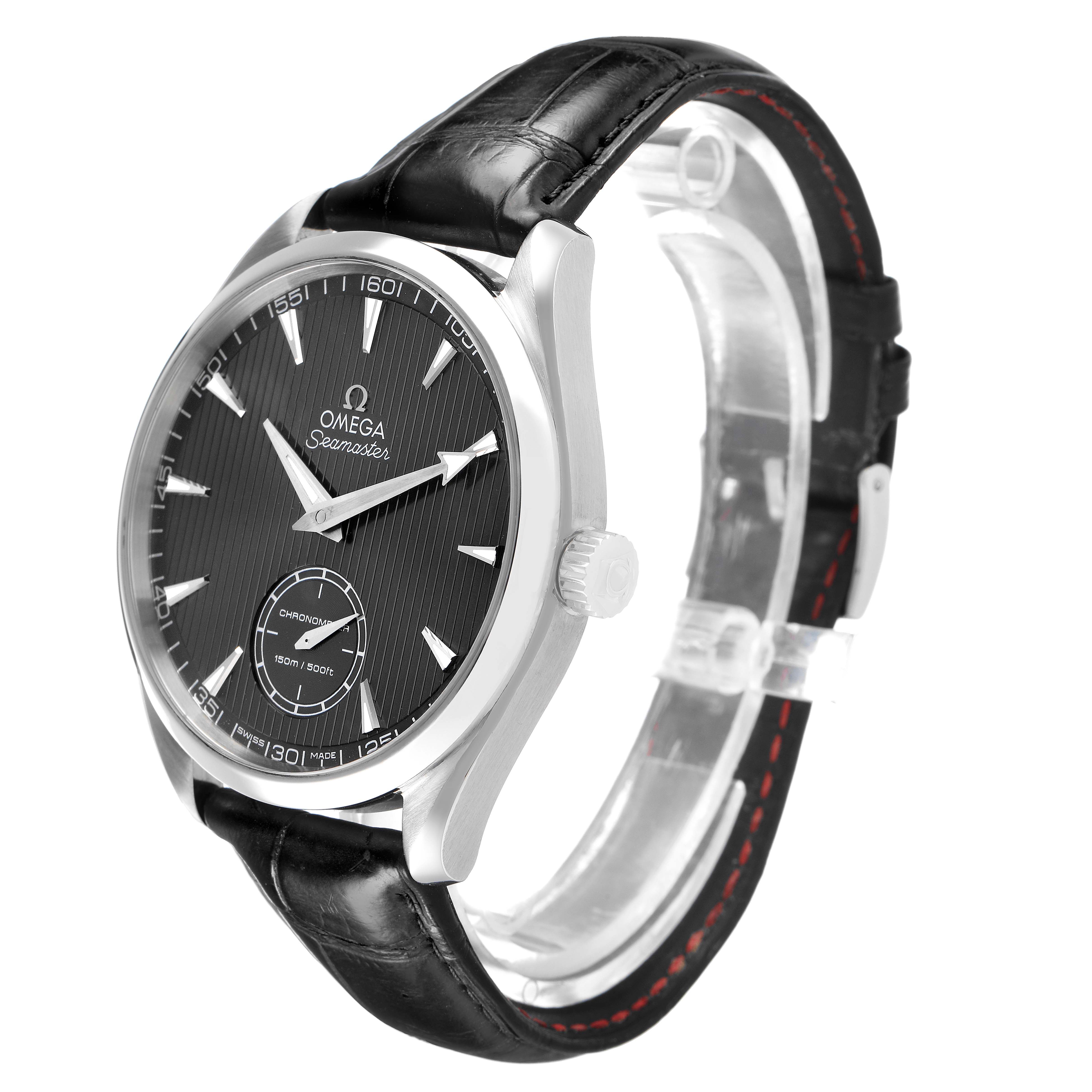 The Omega Seamaster 231.13.49.10.06.001 Men's Stainless Steel Grey Dial watch is shown at a three-quarter angle, highlighting its black dial, silver case, and black leather strap.