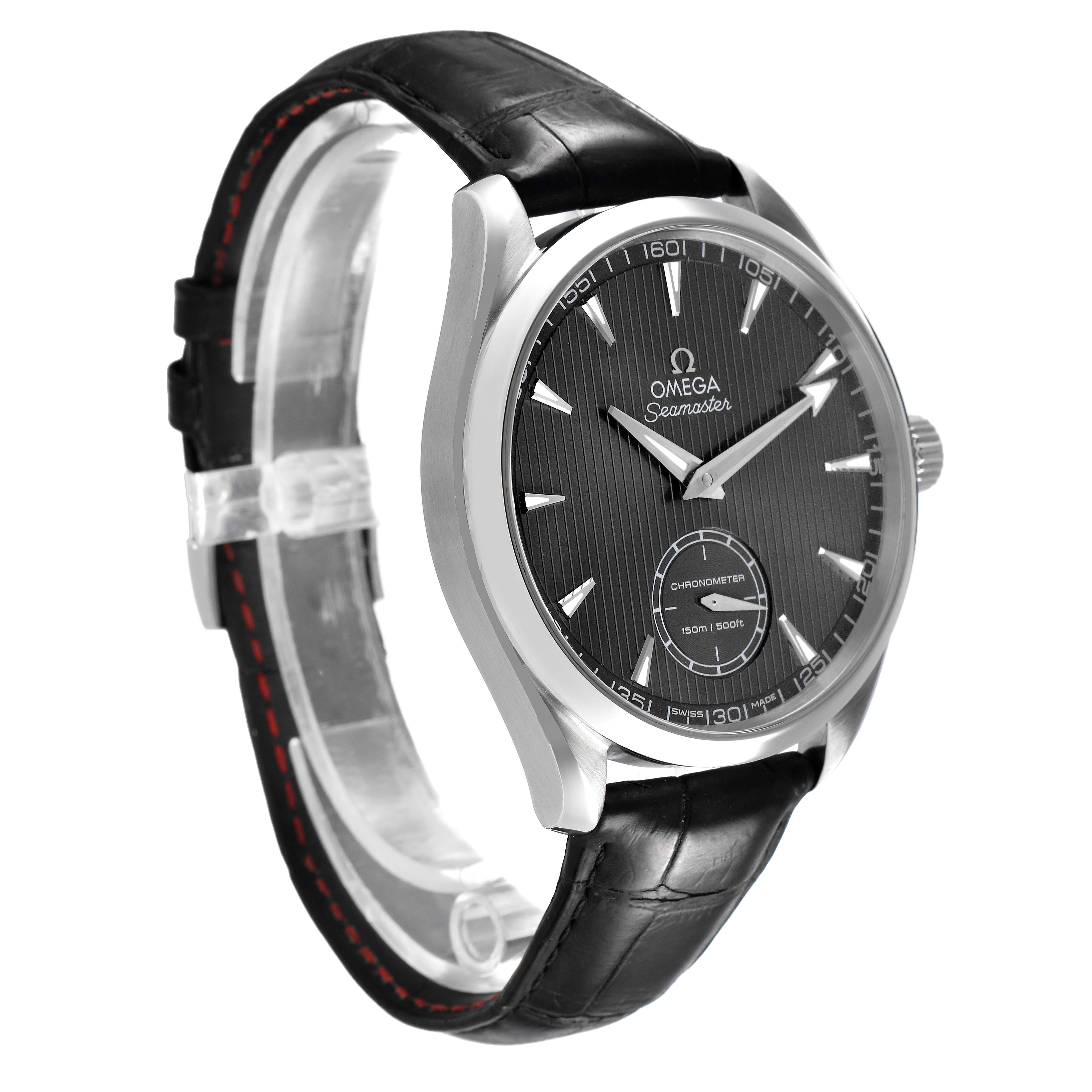 The Omega Seamaster 231.13.49.10.06.001 Men's Stainless Steel Grey Dial watch is shown at an angle displaying the case, face, crown, and part of the black leather strap.