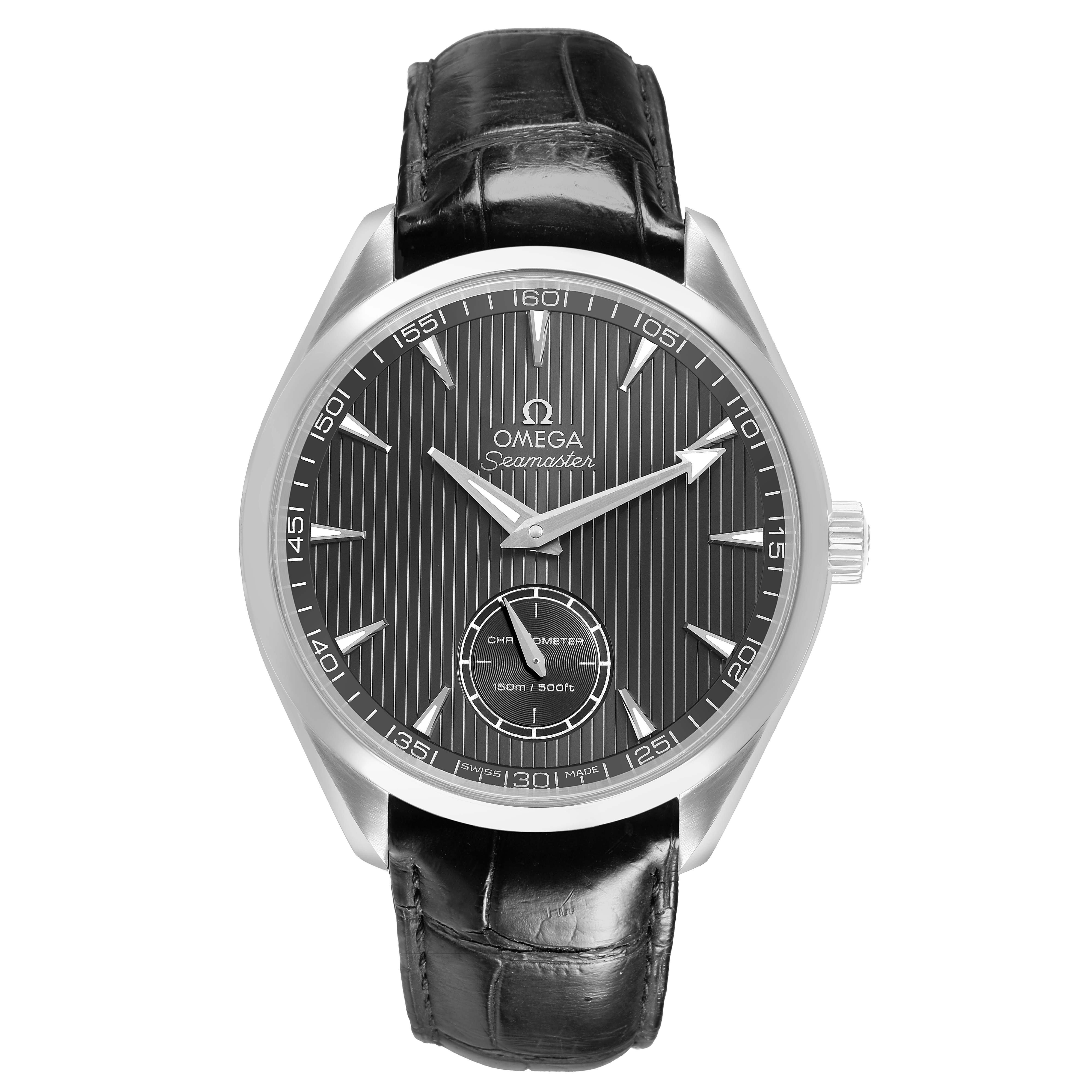 The Omega Seamaster 231.13.49.10.06.001 Men's Stainless Steel Grey Dial watch is shown from the front, displaying its dial, case, and strap.