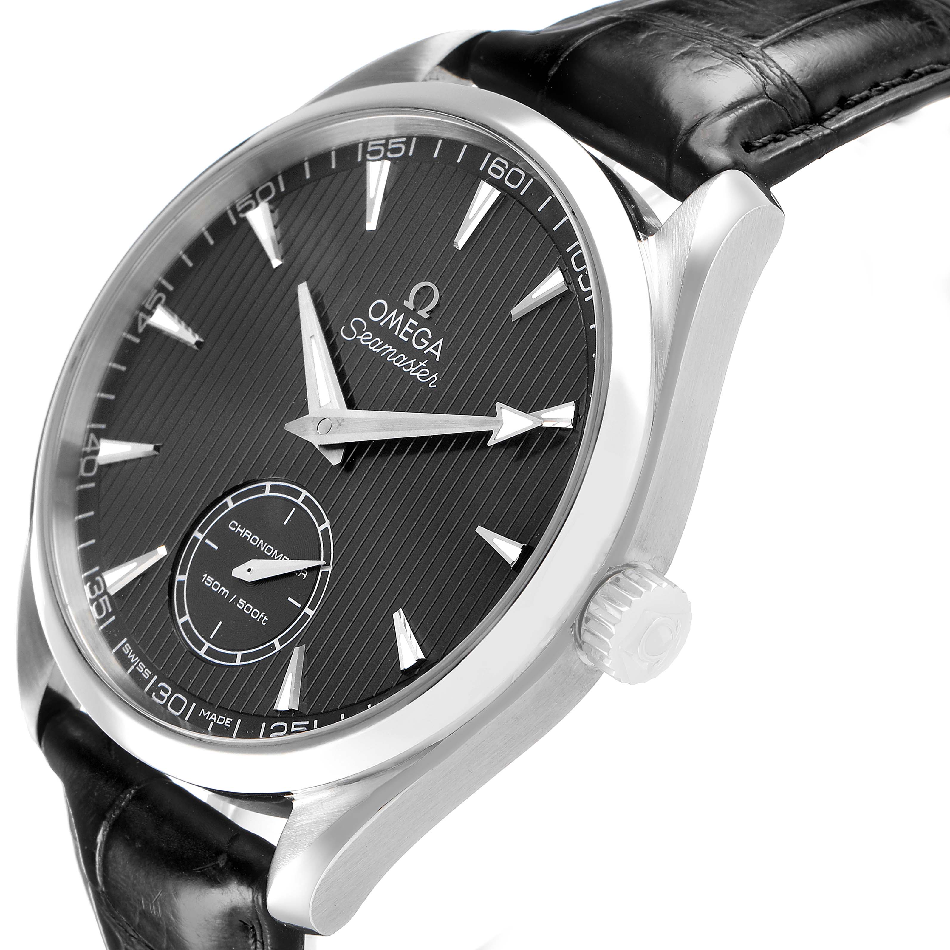 The Omega Seamaster 231.13.49.10.06.001 Men's Stainless Steel Grey Dial watch is shown at an angle highlighting the face, crown, and leather strap.