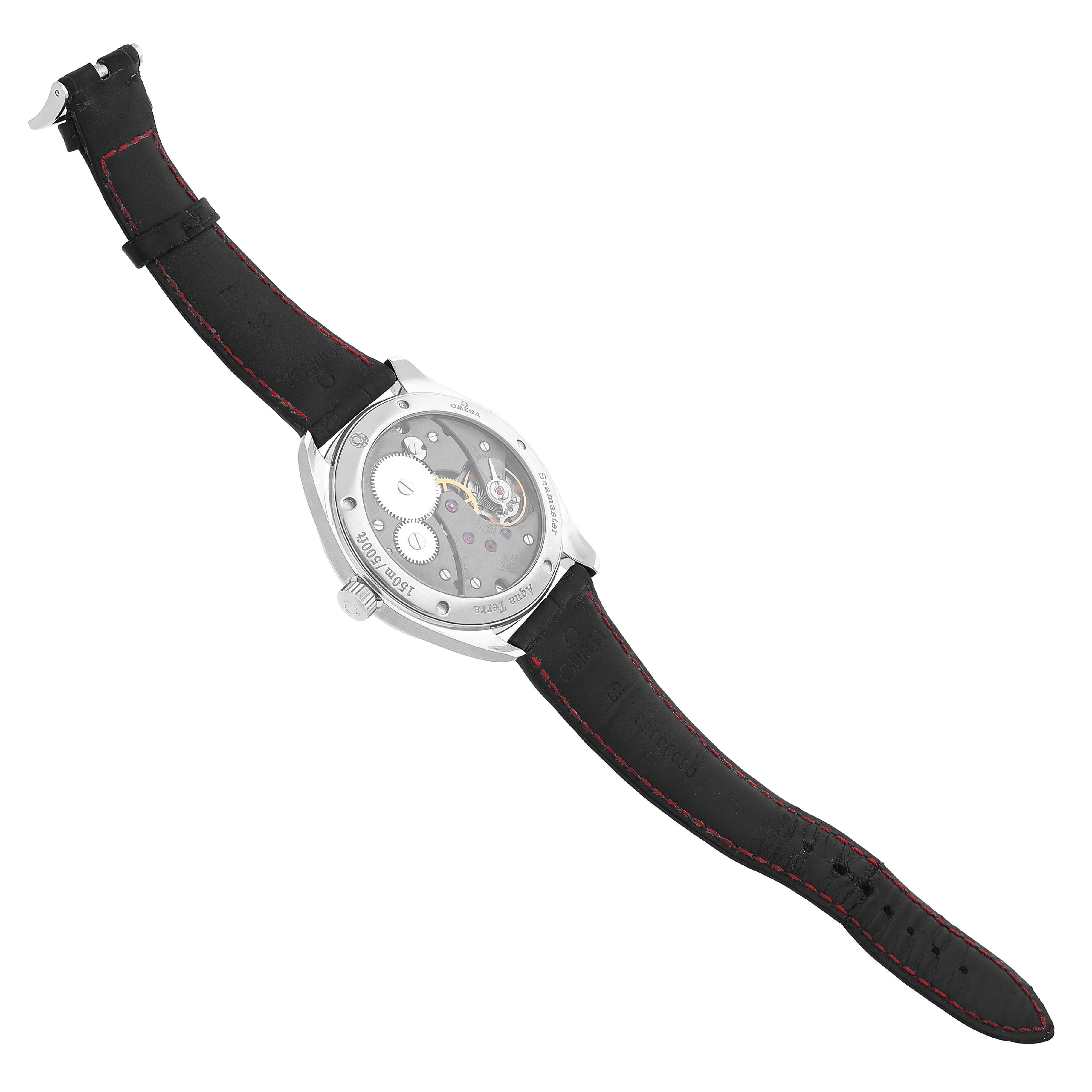 The Omega Seamaster 231.13.49.10.06.001 Men's Stainless Steel Grey Dial watch is shown from the back, displaying the intricate internal mechanisms and black strap with red stitching.