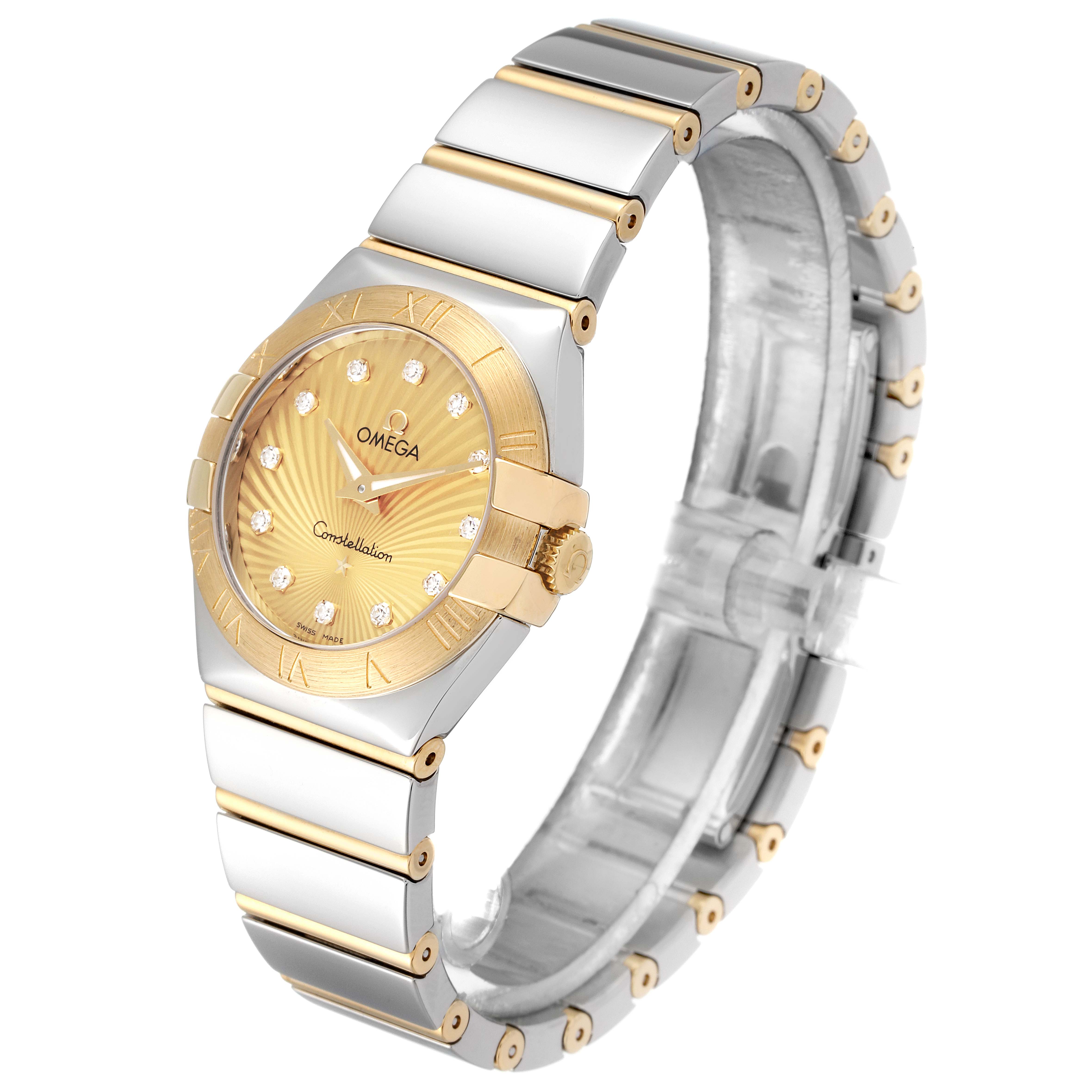 The image shows the Omega 123.20.27.60.58.002 Women's Steel and Gold (two tone) Champagne Dial 123.20.27.60.58.002 Women's Steel and Gold (two tone) Champagne Dial Constellation Steel Yellow Gold Diamond Watch 123.20.27.60.58.002 at a 3/4 angle focusing on the dial and bracelet.