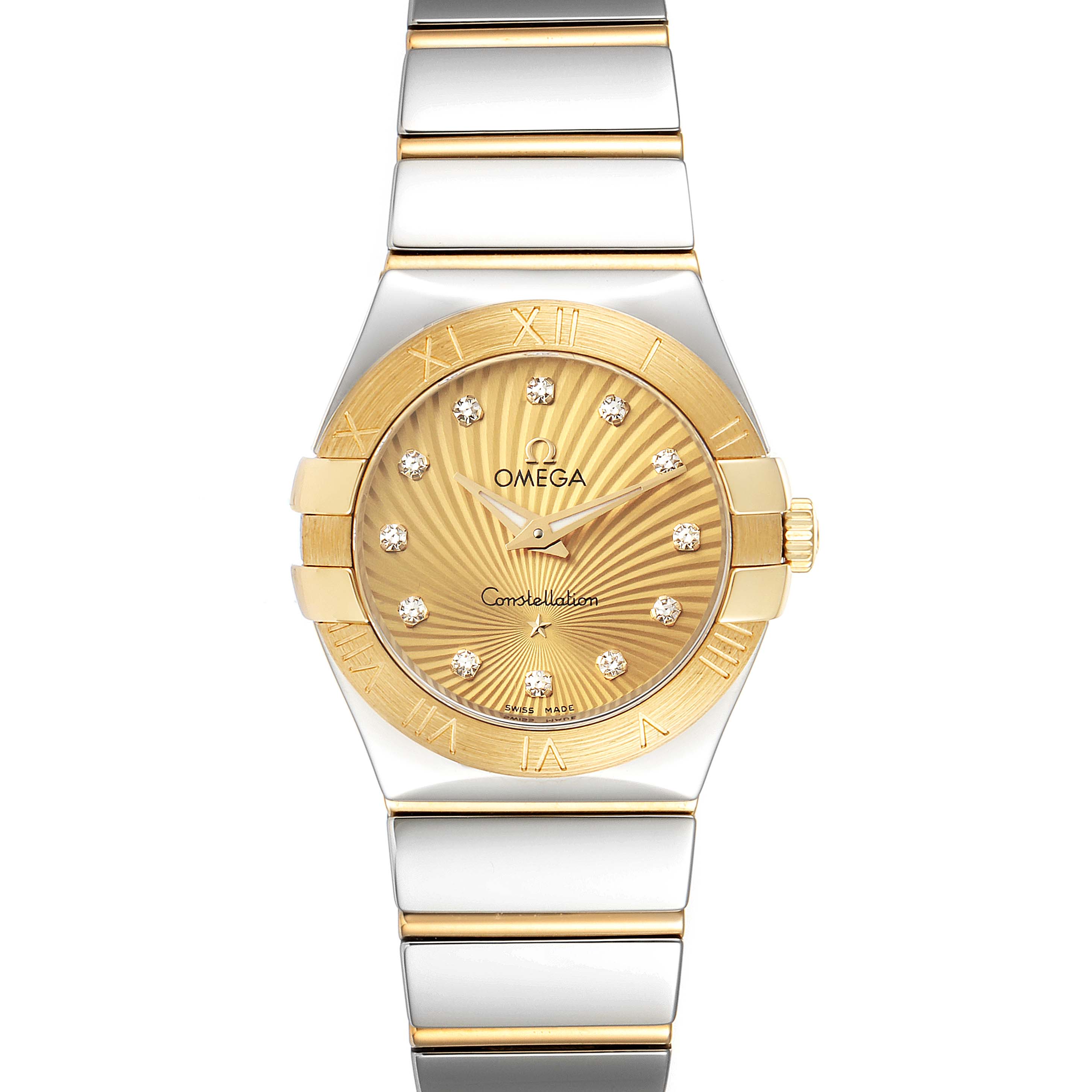 The image shows a front view of the Omega 123.20.27.60.58.002 Women's Steel and Gold (two tone) Champagne Dial 123.20.27.60.58.002 Women's Steel and Gold (two tone) Champagne Dial Constellation Steel Yellow Gold Diamond Watch 123.20.27.60.58.002, highlighting the dial and bracelet.