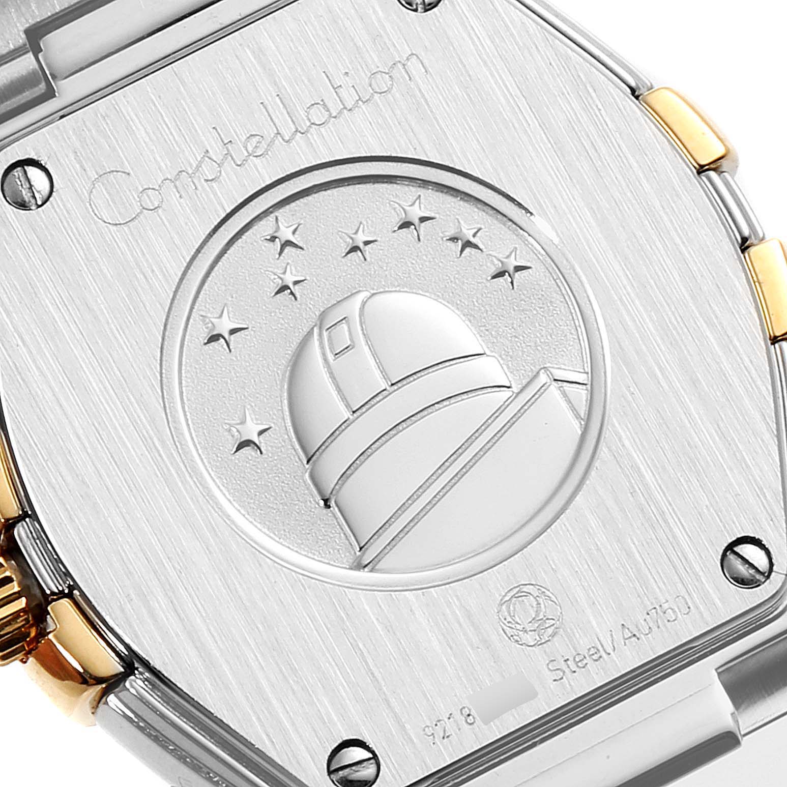 This image shows the embossed back case of the Omega 123.20.27.60.58.002 Women's Steel and Gold (two tone) Champagne Dial 123.20.27.60.58.002 Women's Steel and Gold (two tone) Champagne Dial Constellation Steel Yellow Gold Diamond Watch model 123.20.27.60.58.002.