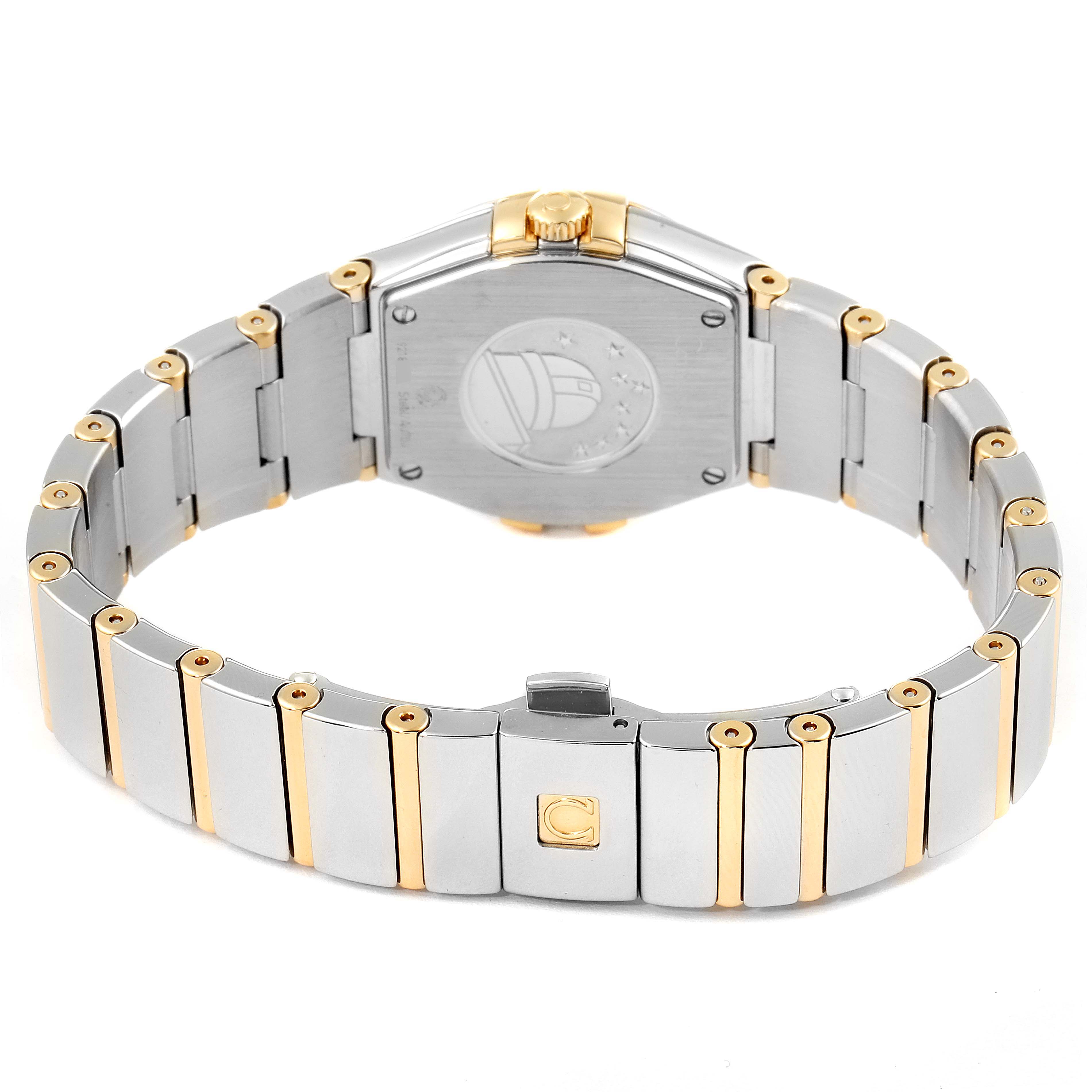 The image displays the backside and bracelet of an Omega 123.20.27.60.58.002 Women's Steel and Gold (two tone) Champagne Dial 123.20.27.60.58.002 Women's Steel and Gold (two tone) Champagne Dial Constellation Steel Yellow Gold Diamond Watch 123.20.27.60.58.002.