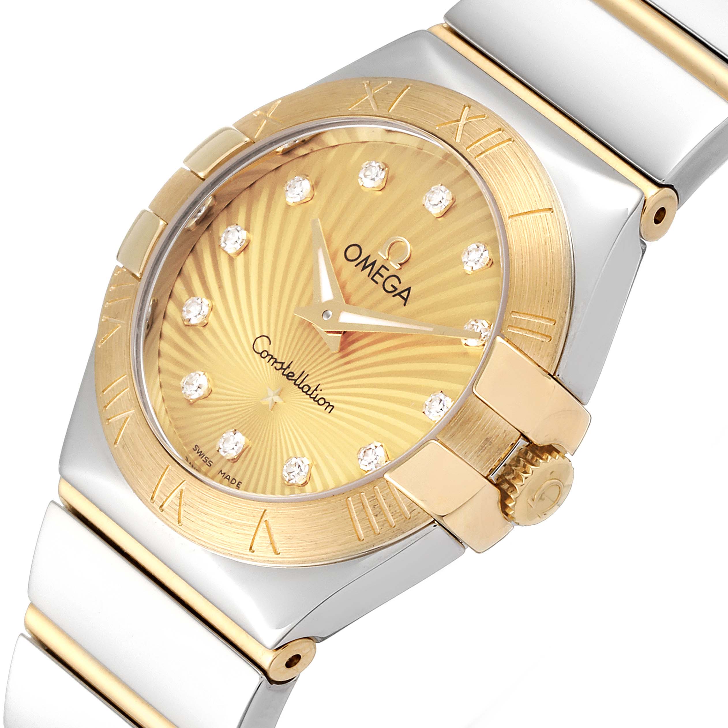 This image shows a close-up of the Omega 123.20.27.60.58.002 Women's Steel and Gold (two tone) Champagne Dial 123.20.27.60.58.002 Women's Steel and Gold (two tone) Champagne Dial Constellation Steel Yellow Gold Diamond Watch 123.20.27.60.58.002, focusing on the face and band.