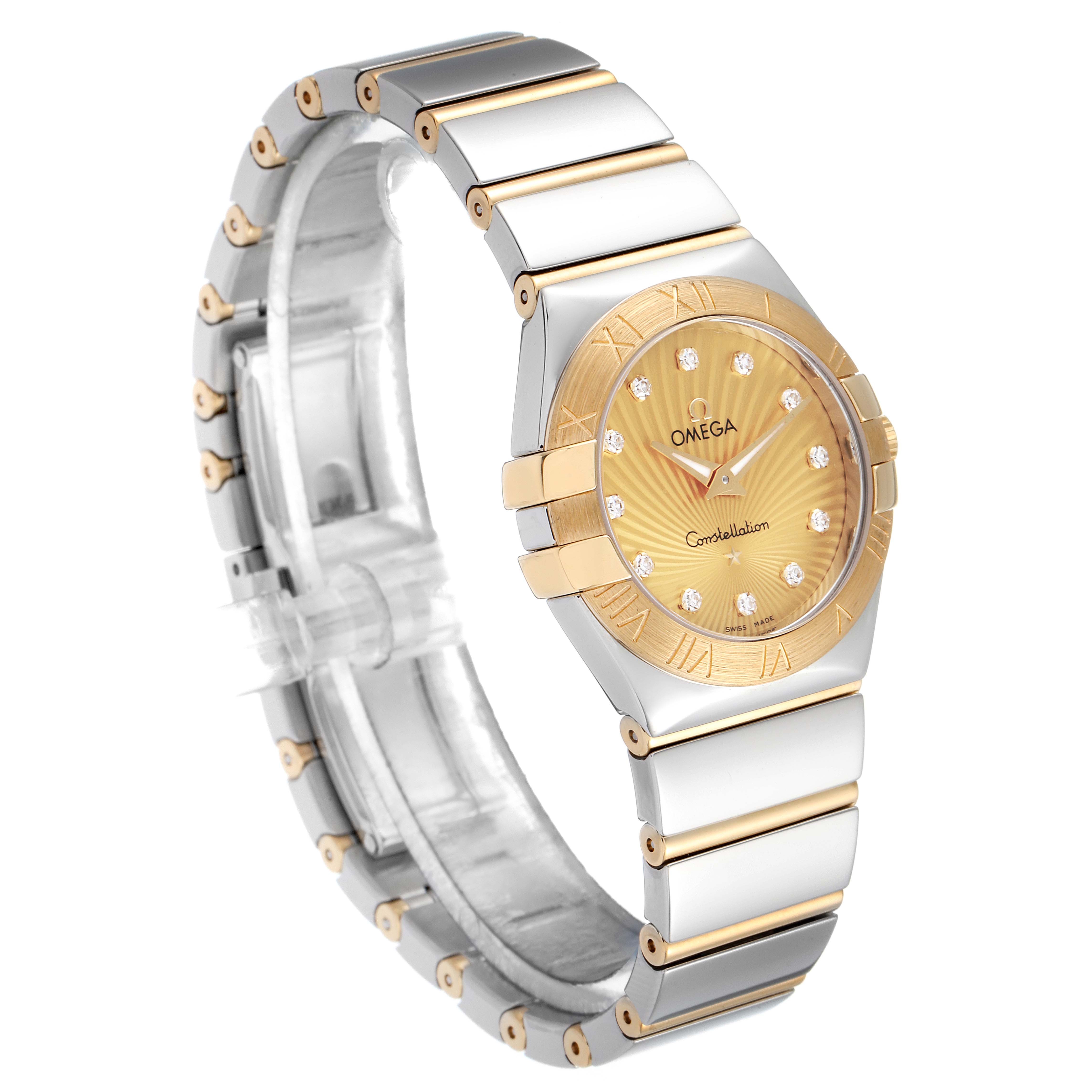 The image shows an angled view of the Omega 123.20.27.60.58.002 Women's Steel and Gold (two tone) Champagne Dial 123.20.27.60.58.002 Women's Steel and Gold (two tone) Champagne Dial Constellation Steel Yellow Gold Diamond Watch 123.20.27.60.58.002, highlighting its face and bracelet.